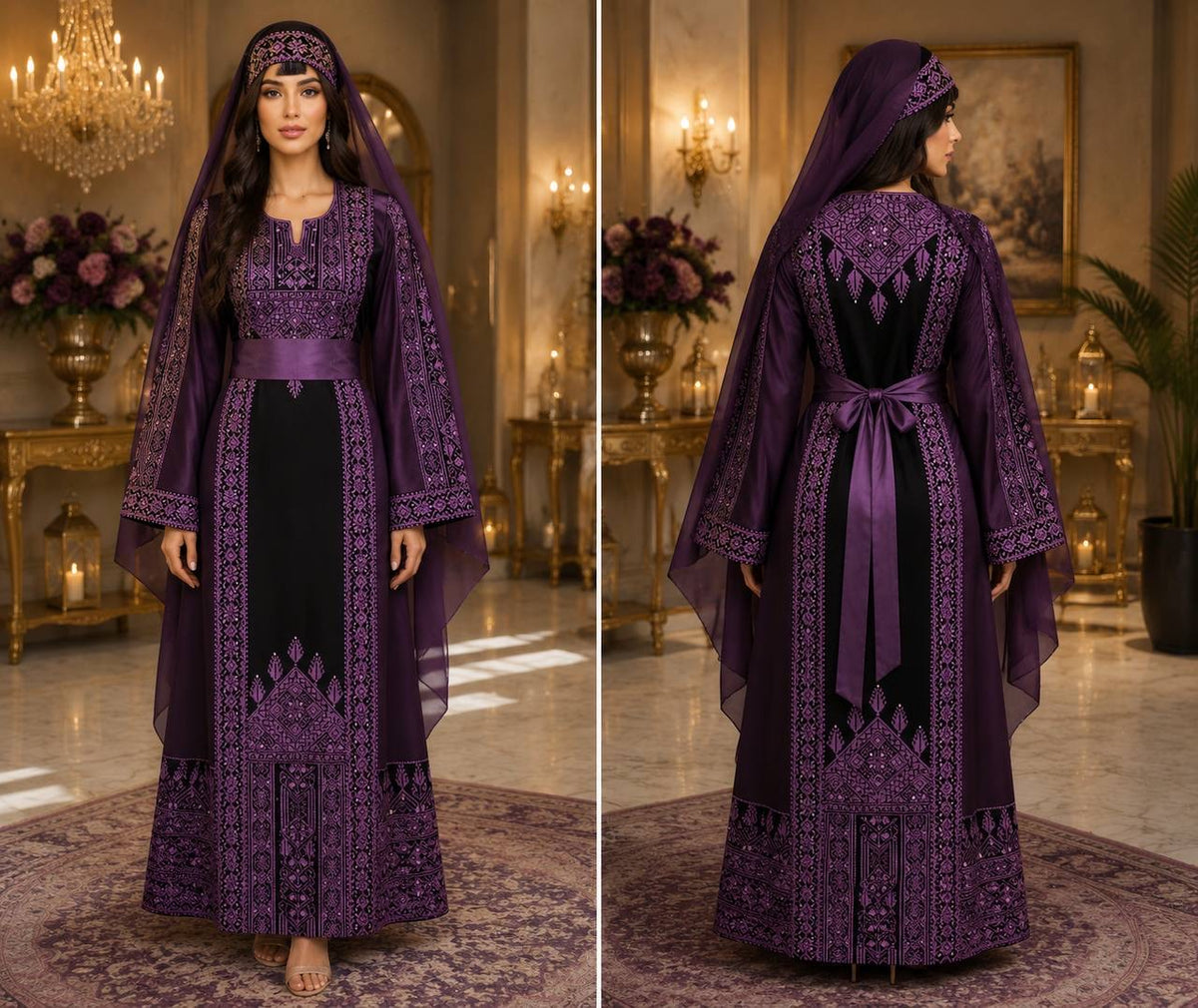 Luxury Palestinian Embroidered Heritage Dress with Matching Head Cover