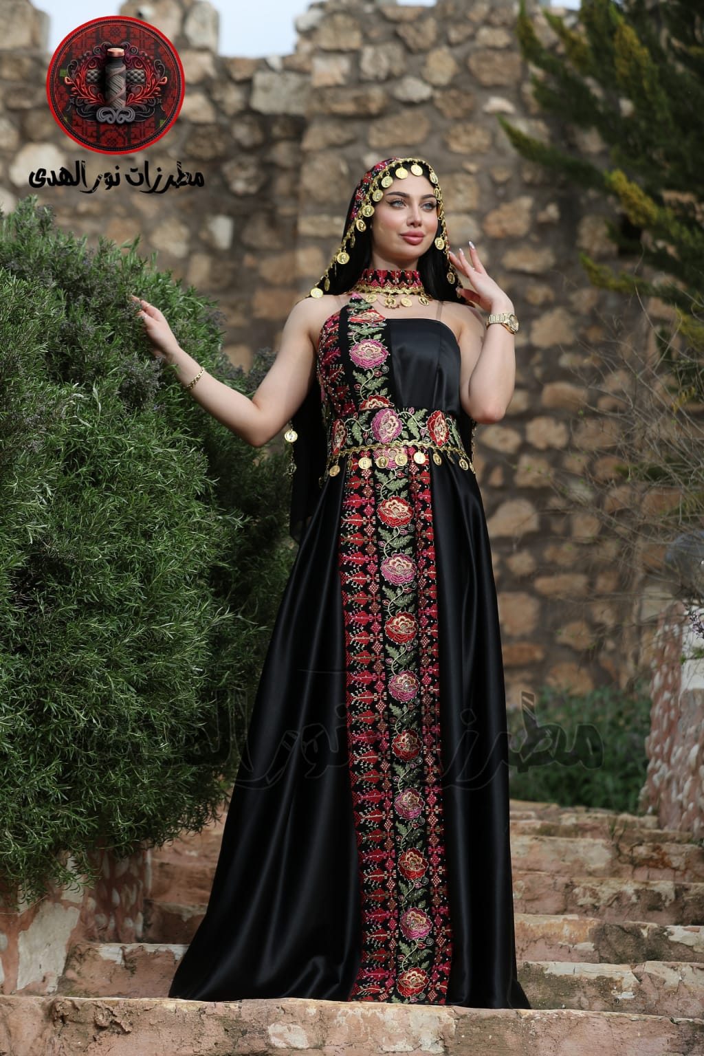 Satin Oriental Embroidered Henna Dress with Traditional Coin Details | Luluat Al-Sham Dress