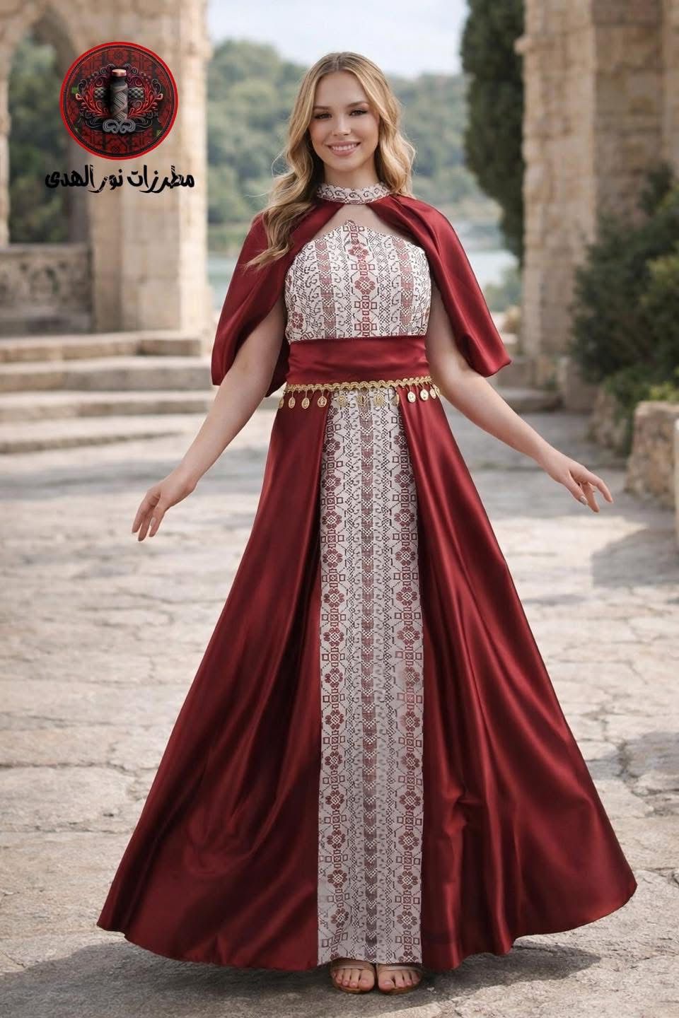 Burgundy Ameera Al-Henna Dress with embroidered front panel, cape sleeves, and gold coin-inspired waist detail