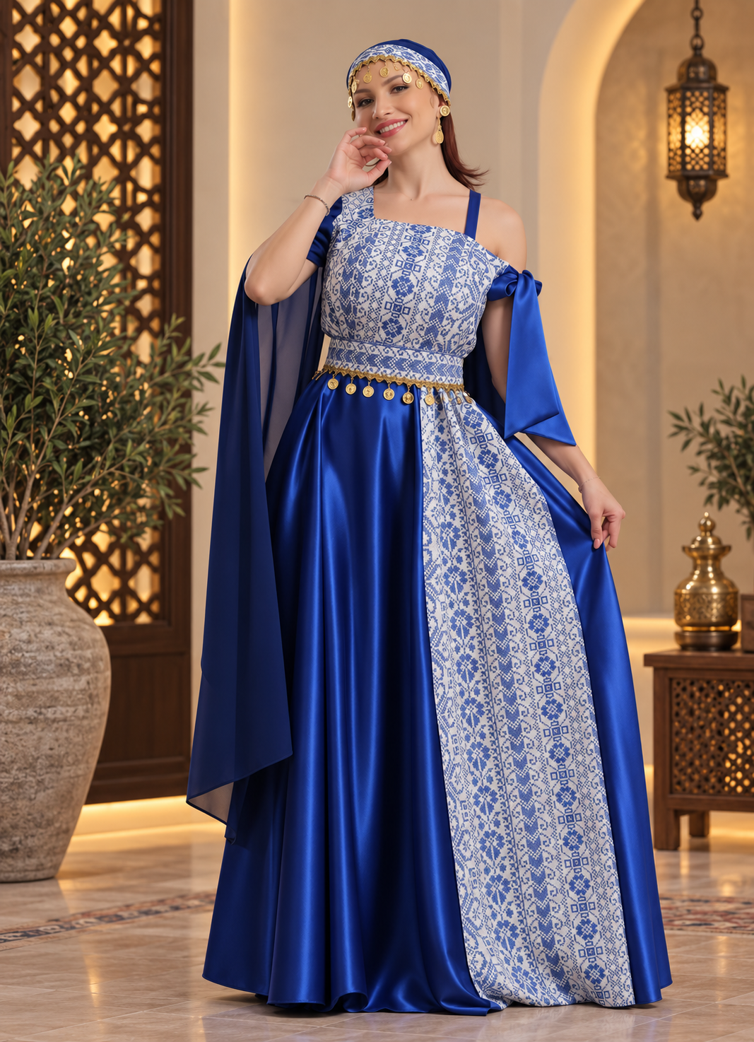 Indigo Palestinian Heritage Embroidered Satin Dress