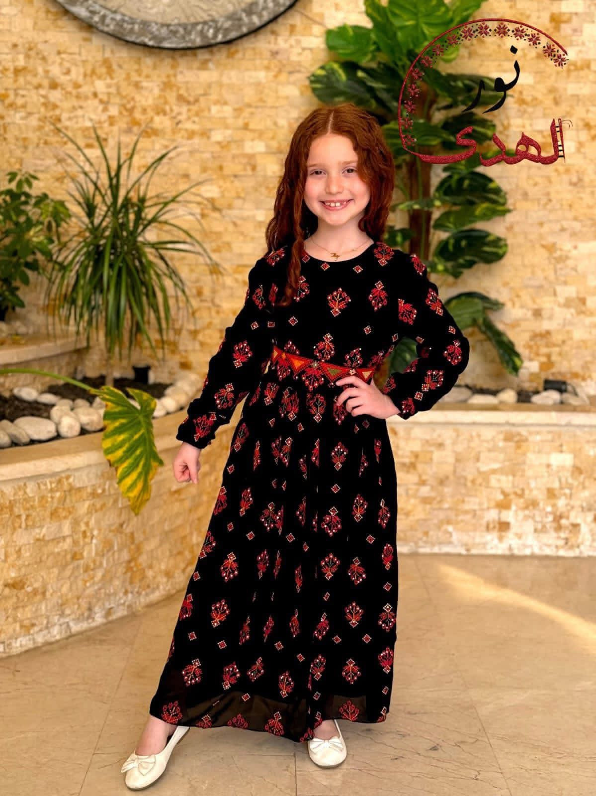 Rose Embroidered Girls’ Traditional Dress – Lined Chiffon Palestinian-Inspired Thobe