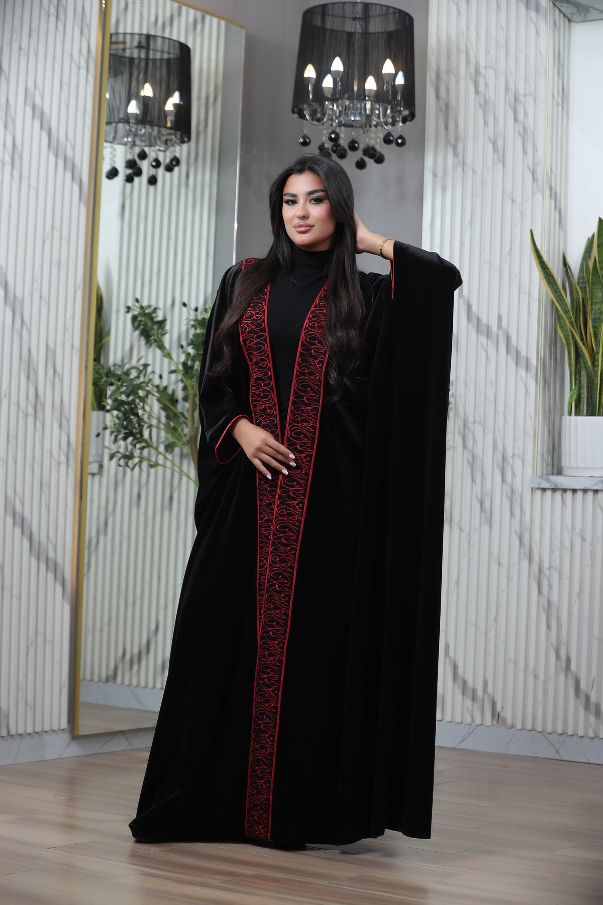 Luxury Black Velvet Embroidered Bisht – Red & Gold Elegant Traditional Cloak