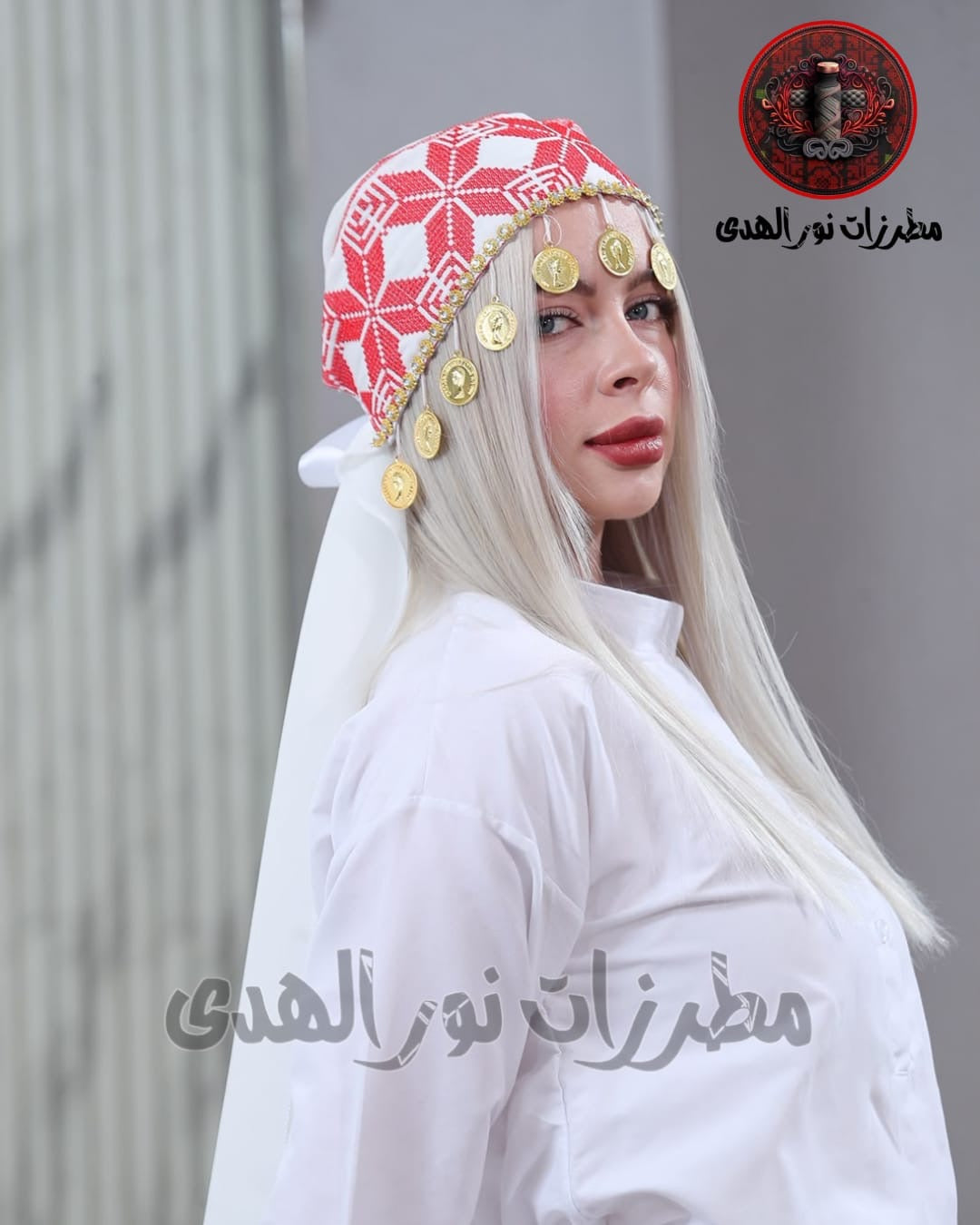 Traditional Palestinian Embroidered Headpiece with Gold Coins
