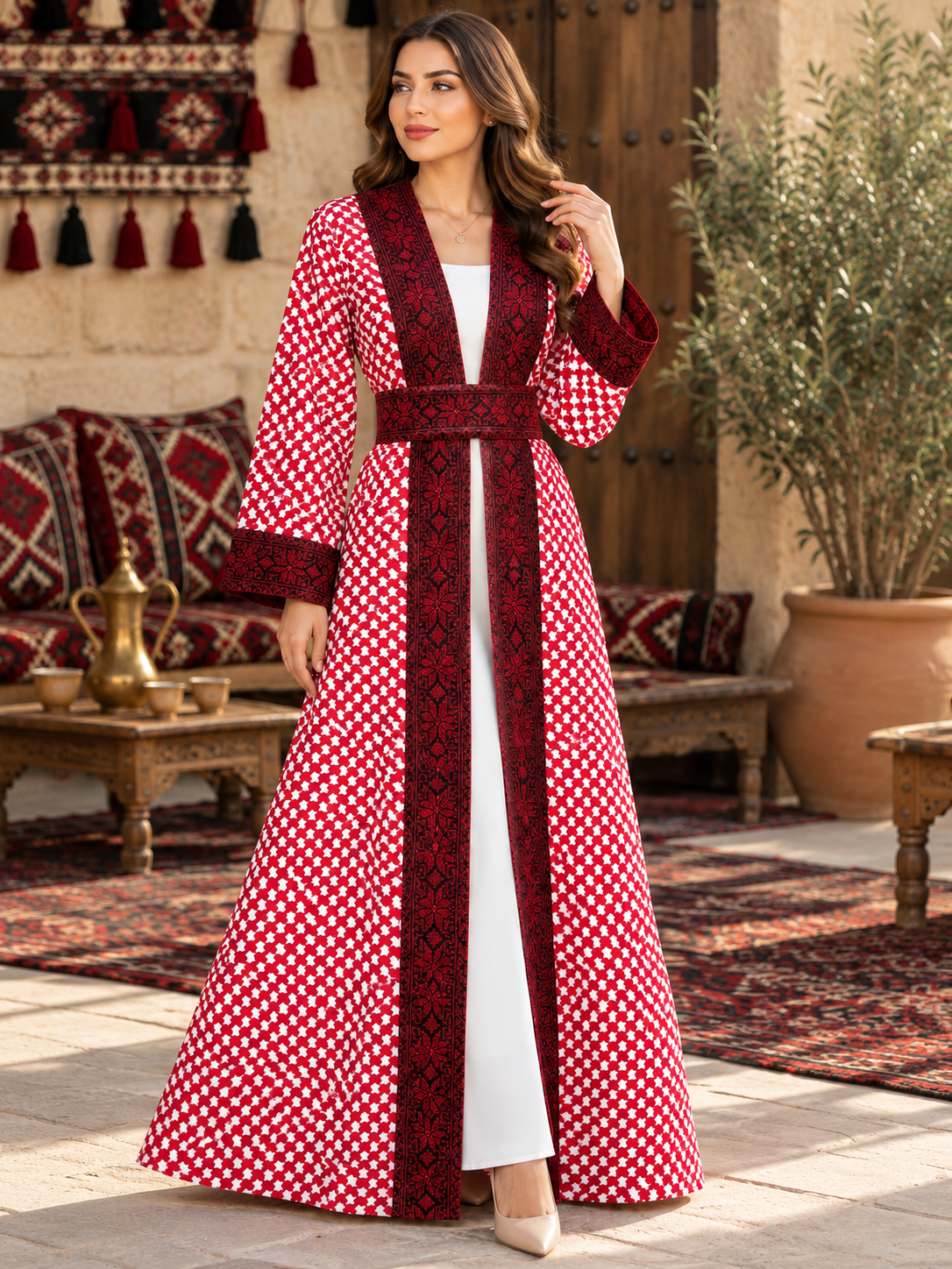 Jordanian Bisht – Traditional Red & White Embroidered Heritage Cloak