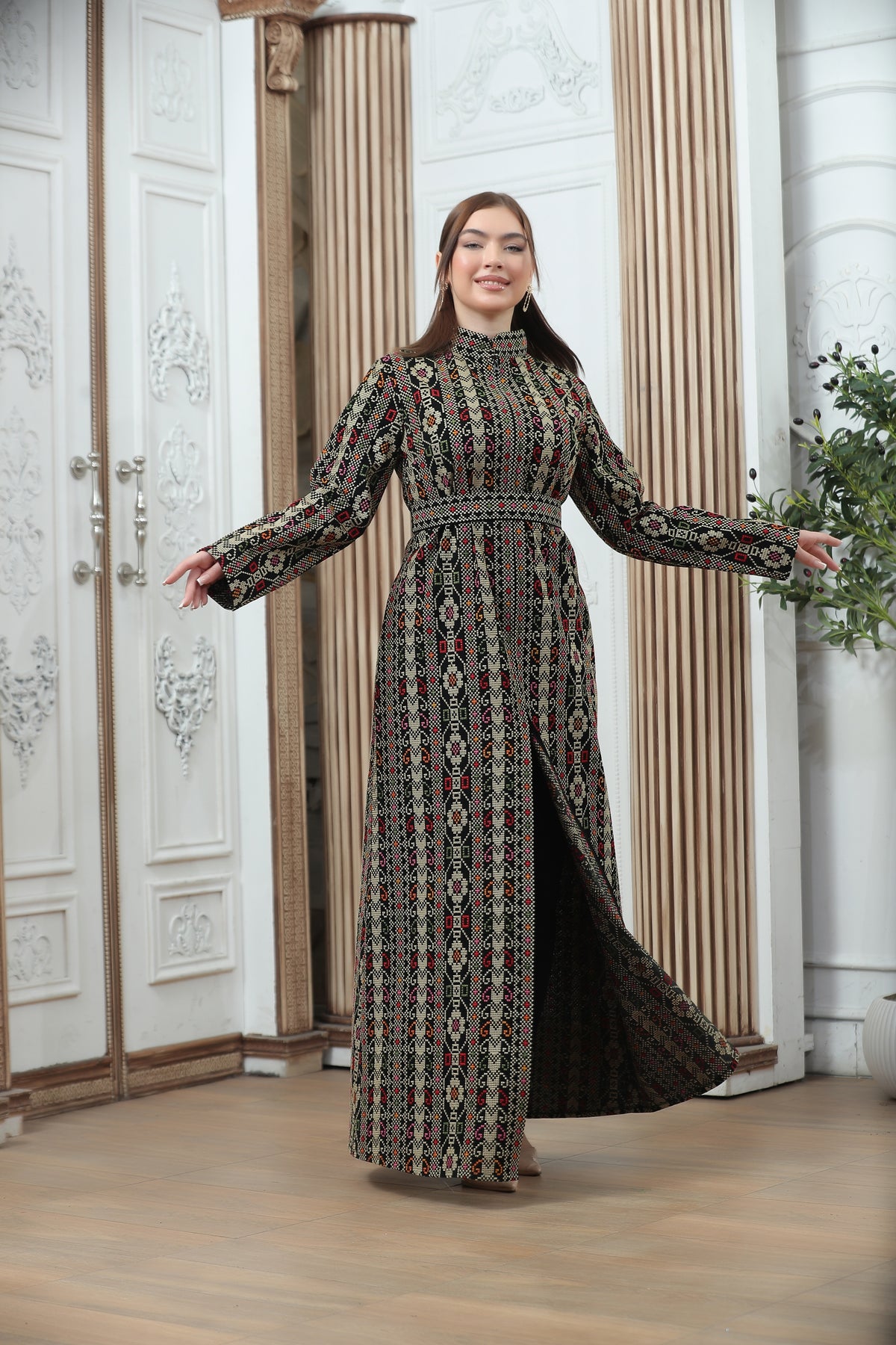 Golden Embroidered Tales Kaftan – Elegant Palestinian Heritage Design