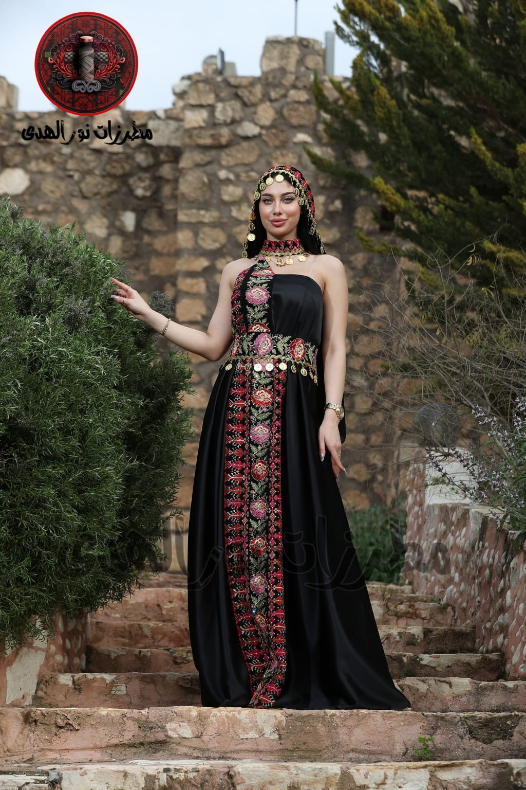 Satin Oriental Embroidered Henna Dress with Traditional Coin Details | Luluat Al-Sham Dress