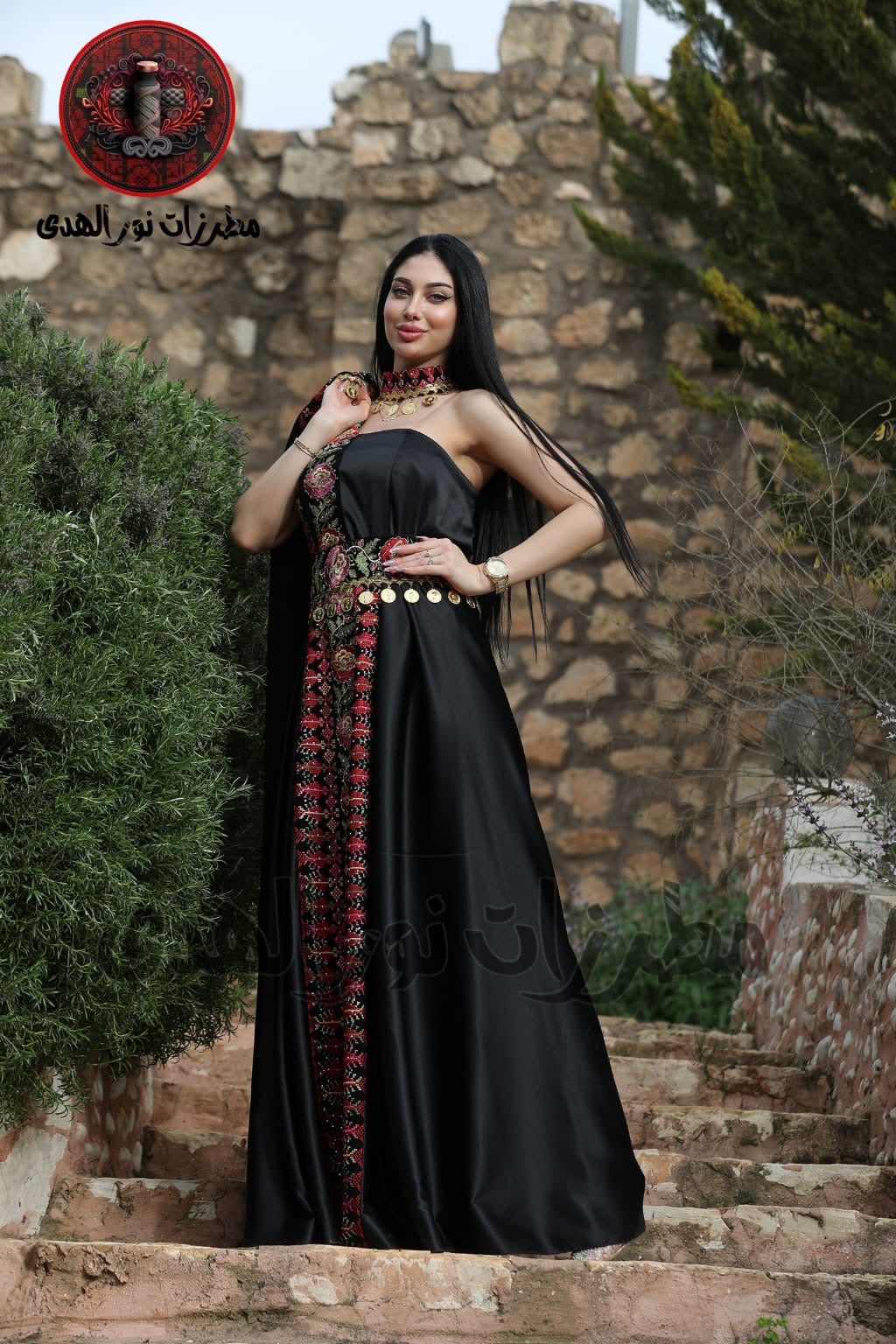Satin Oriental Embroidered Henna Dress with Traditional Coin Details | Luluat Al-Sham Dress