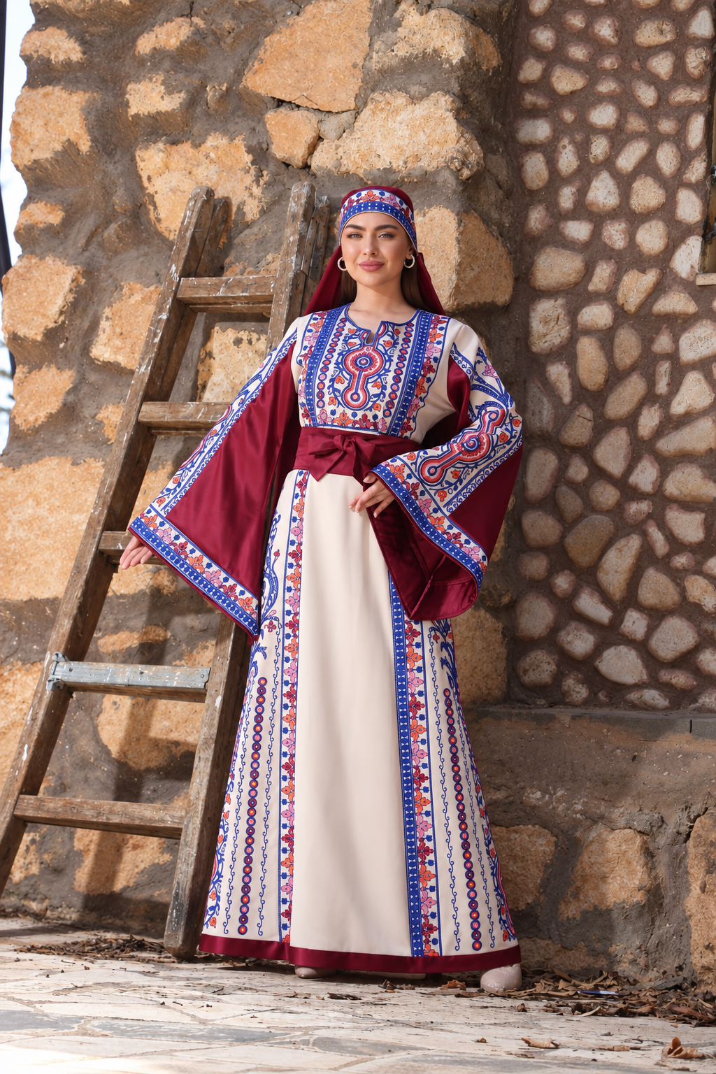 Al Sousana – Palestinian Embroidered Thobe with Matching Embroidered Headpiece in Aghabani Thread