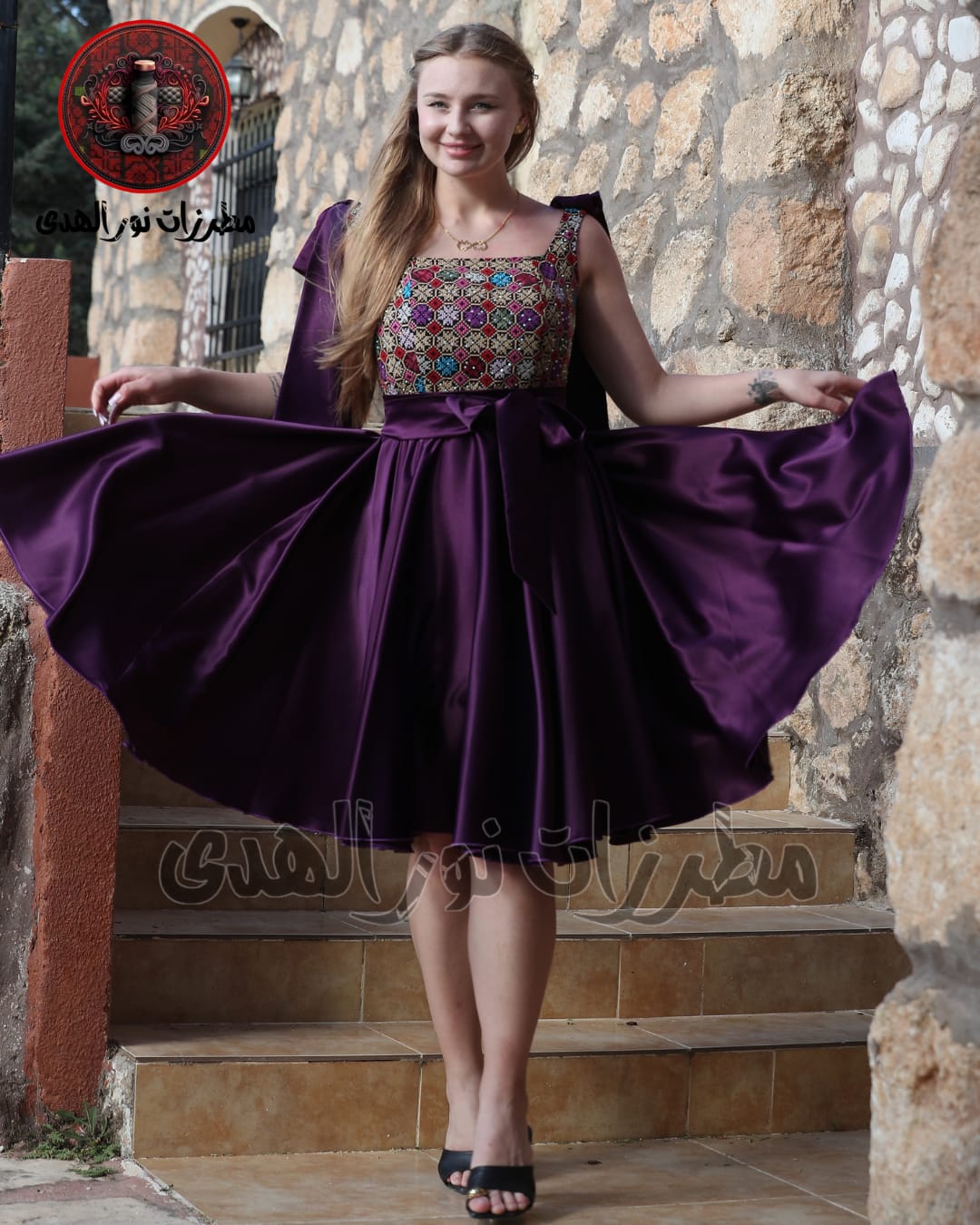 Elegant Embroidered Satin Dress with Statement Bow Straps