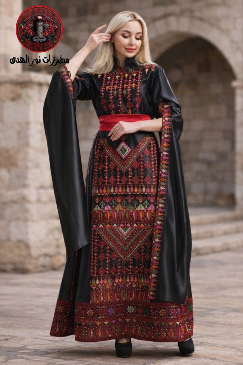 Oriental Embroidered Thobe with Levantine Tatreez Details and Cape Sleeves | Abaq Al Turath Embroidered Thobe