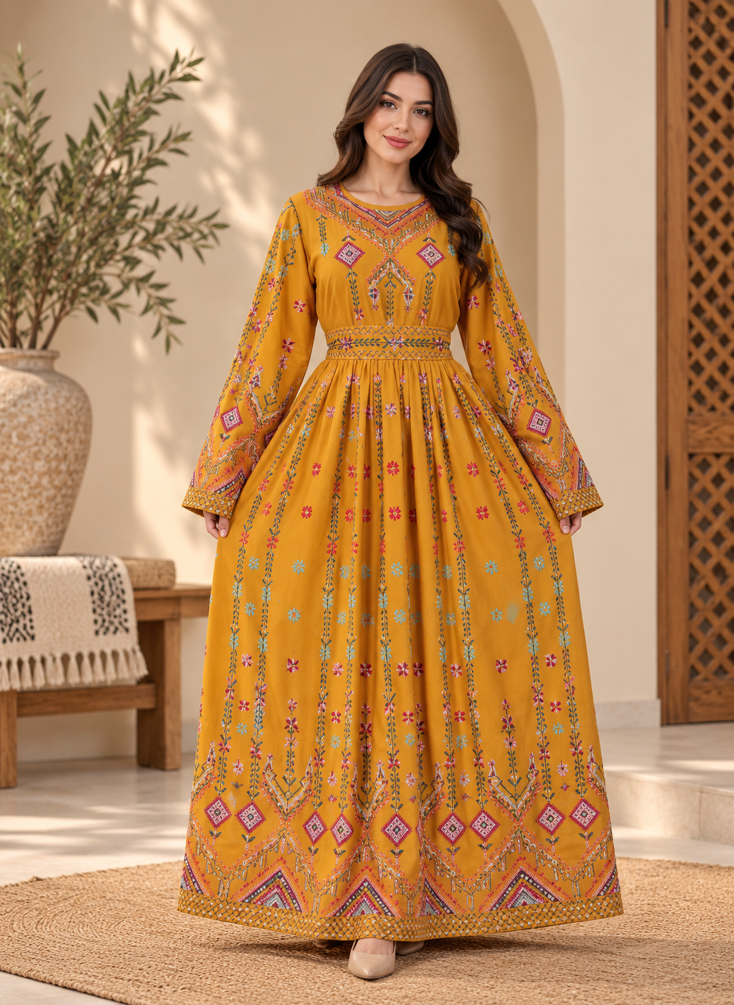 Embroidered Tlas Chiffon Thobe – Traditional Palestinian Inspired Thobe
