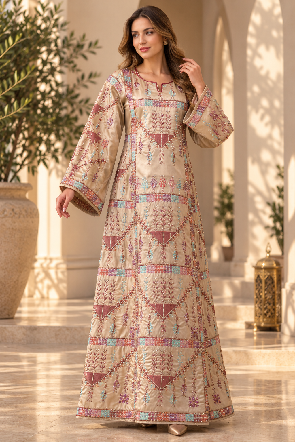 Luxury Talas Satin Embroidered Dress with Beadwork