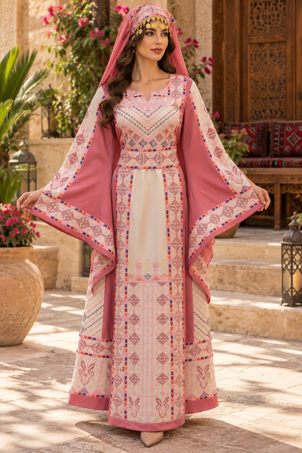 Palestinian Statati Embroidered Dress – Premium Barbie Fabric with Matching Headpiece
