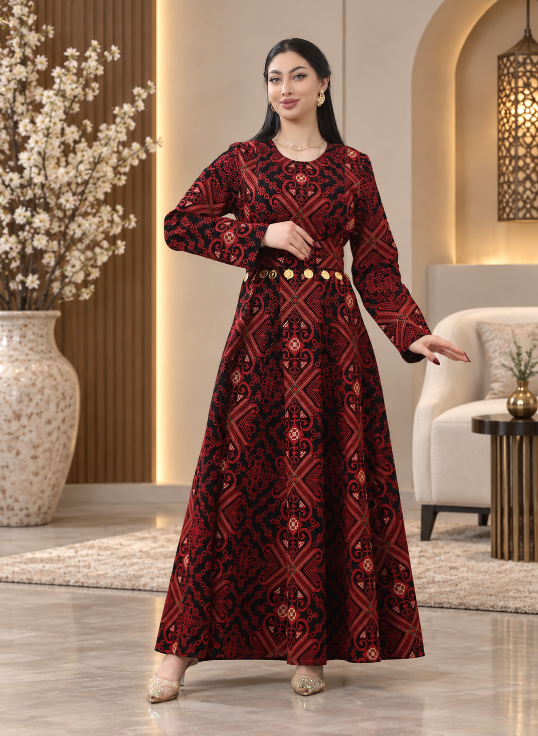 Fully Embroidered Tlas Dress – Red plaestinian traditional