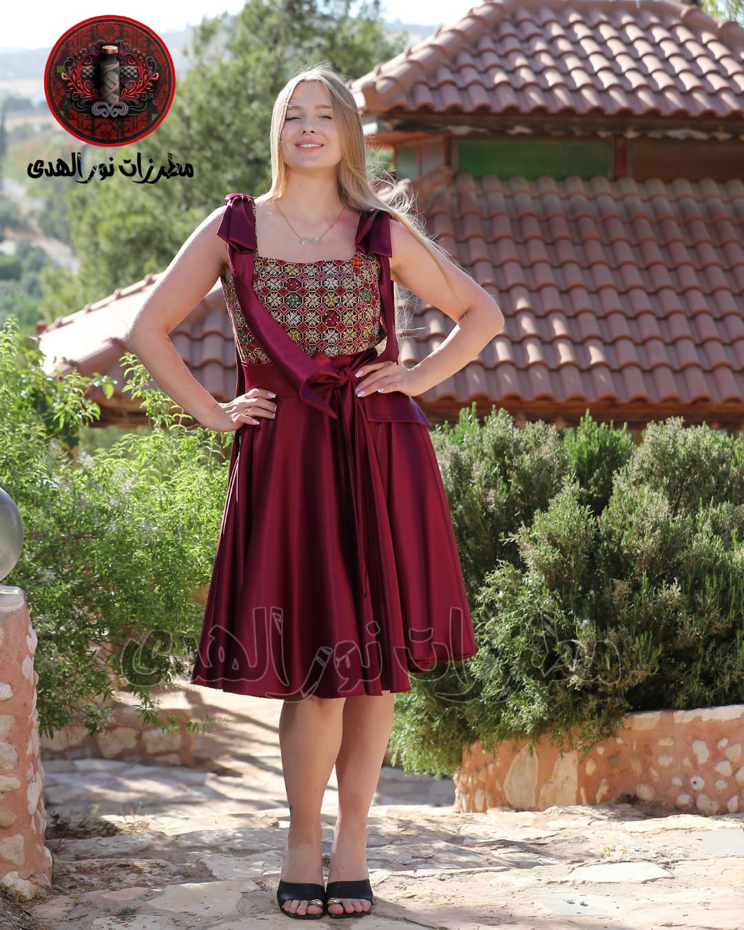 Elegant Embroidered Satin Dress with Statement Bow Straps