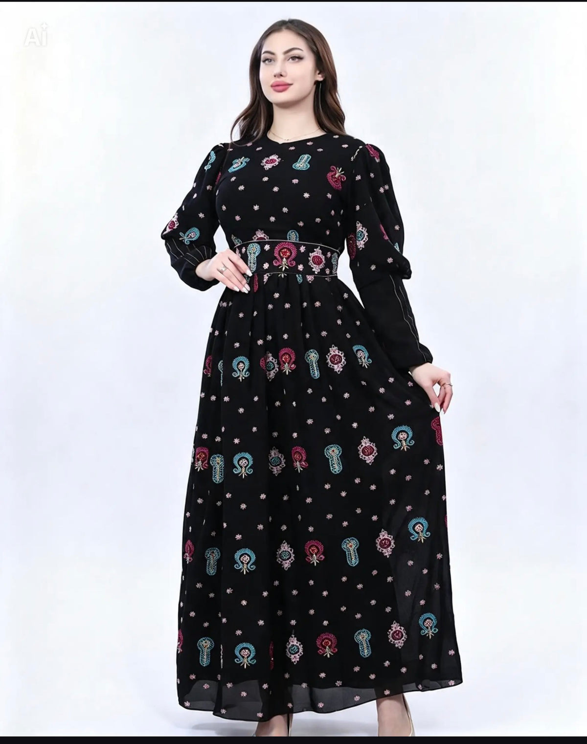 Black Embroidered Palestinian Thobe Dress for Women | Traditional Tatreez Maxi Dress