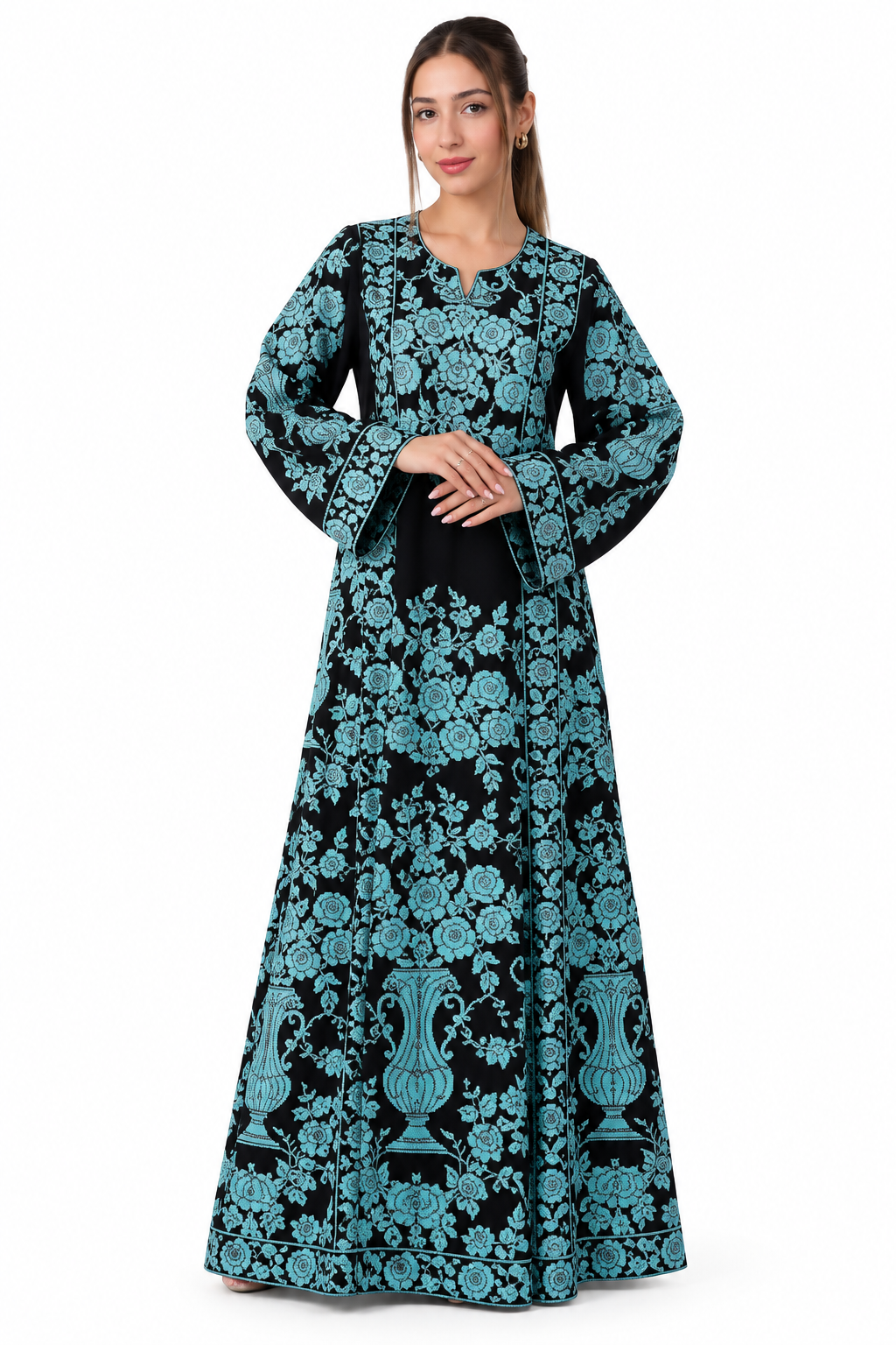 Luxury Embroidered Atlas Thobe for Women – Exquisite Traditional Floral Design