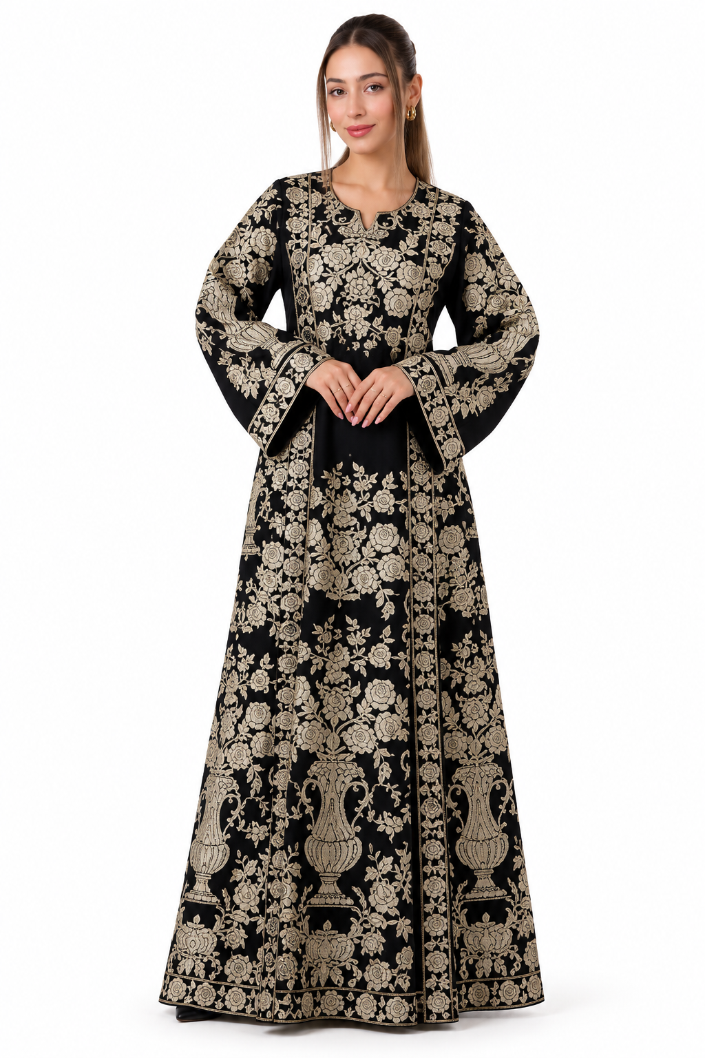 Luxury Embroidered Atlas Thobe for Women – Exquisite Traditional Floral Design
