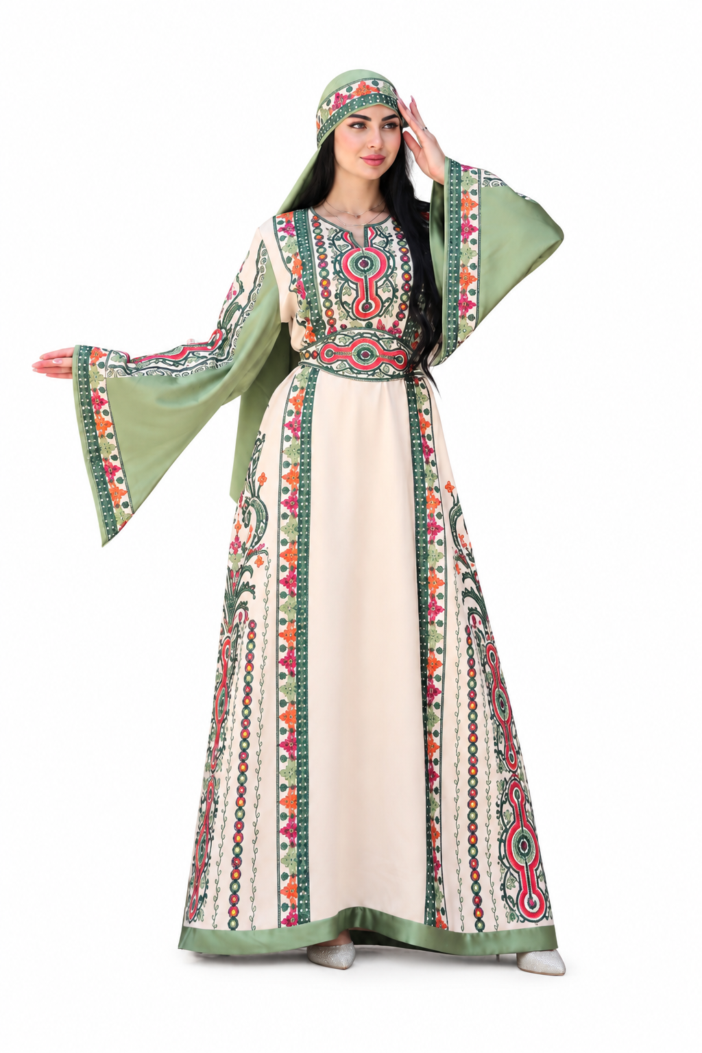 Al Sousana – Palestinian Embroidered Thobe with Matching Embroidered Headpiece in Aghabani Thread