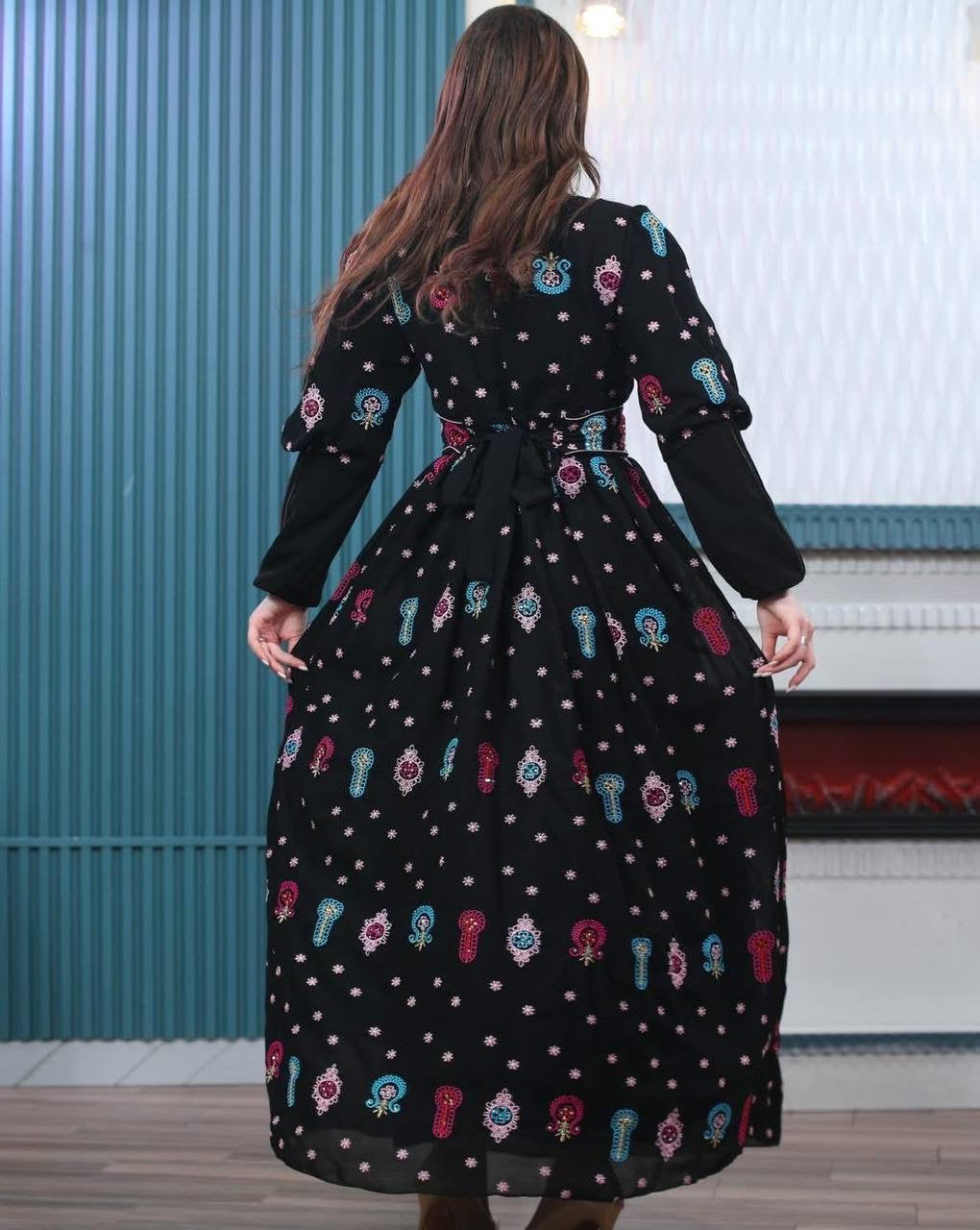Black Embroidered Palestinian Thobe Dress for Women | Traditional Tatreez Maxi Dress