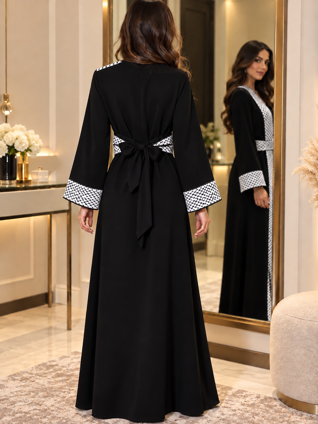 Palestinian kufffieh Chiffon Bisht – Two-Piece Embroidered Abaya Set