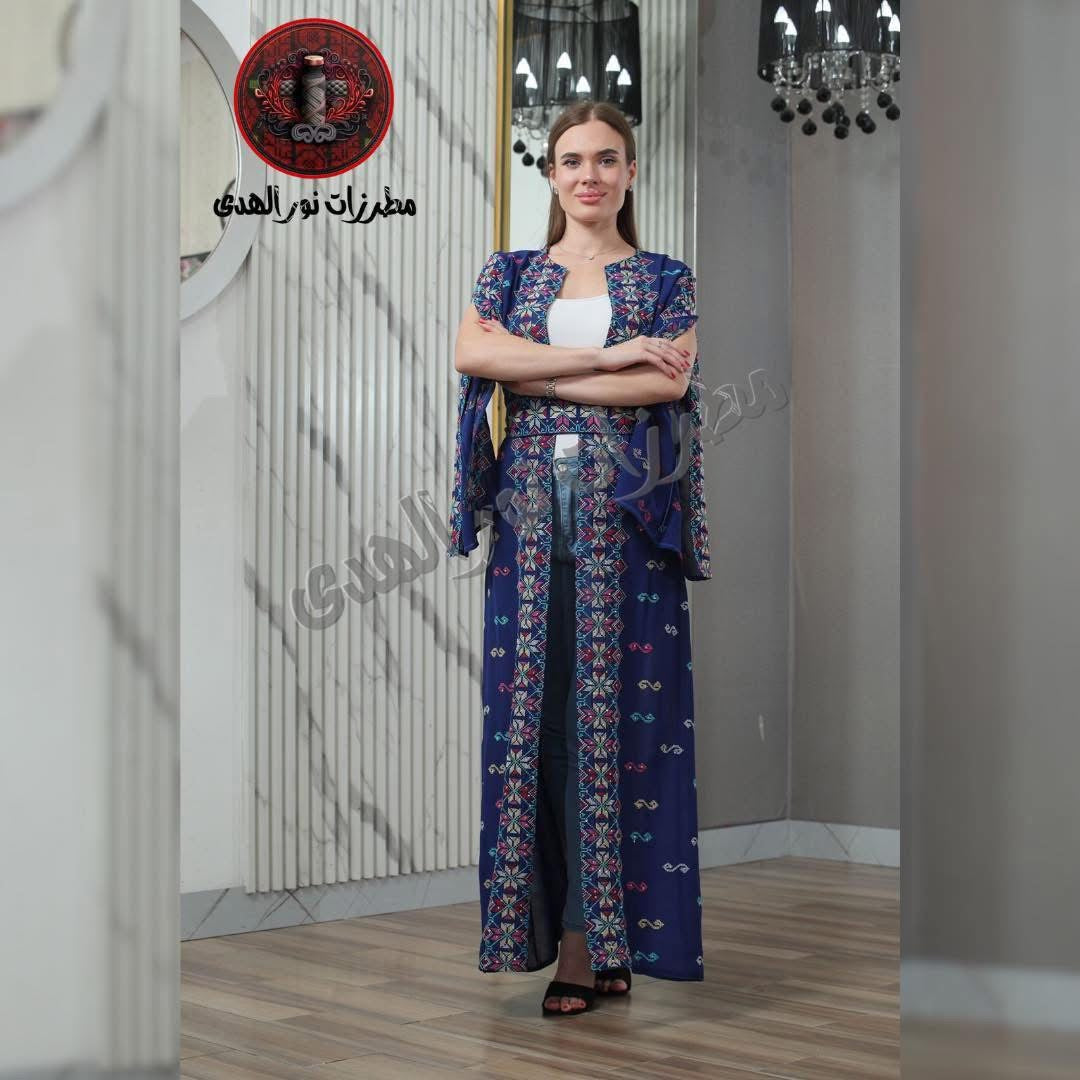 Navy blue Royal Mix embroidered bisht with wide sleeves and colorful Oriental embroidery