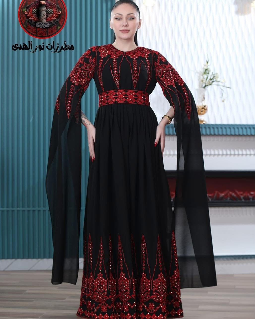 Oriental Embroidered Chiffon Thobe with Red Tatreez Details and Cape Sleeves | Sablet Al Hussam Embroidered Thobe