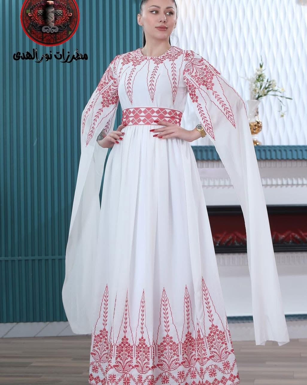 Oriental Embroidered Chiffon Thobe with Red Tatreez Details and Cape Sleeves | Sablet Al Hussam Embroidered Thobe