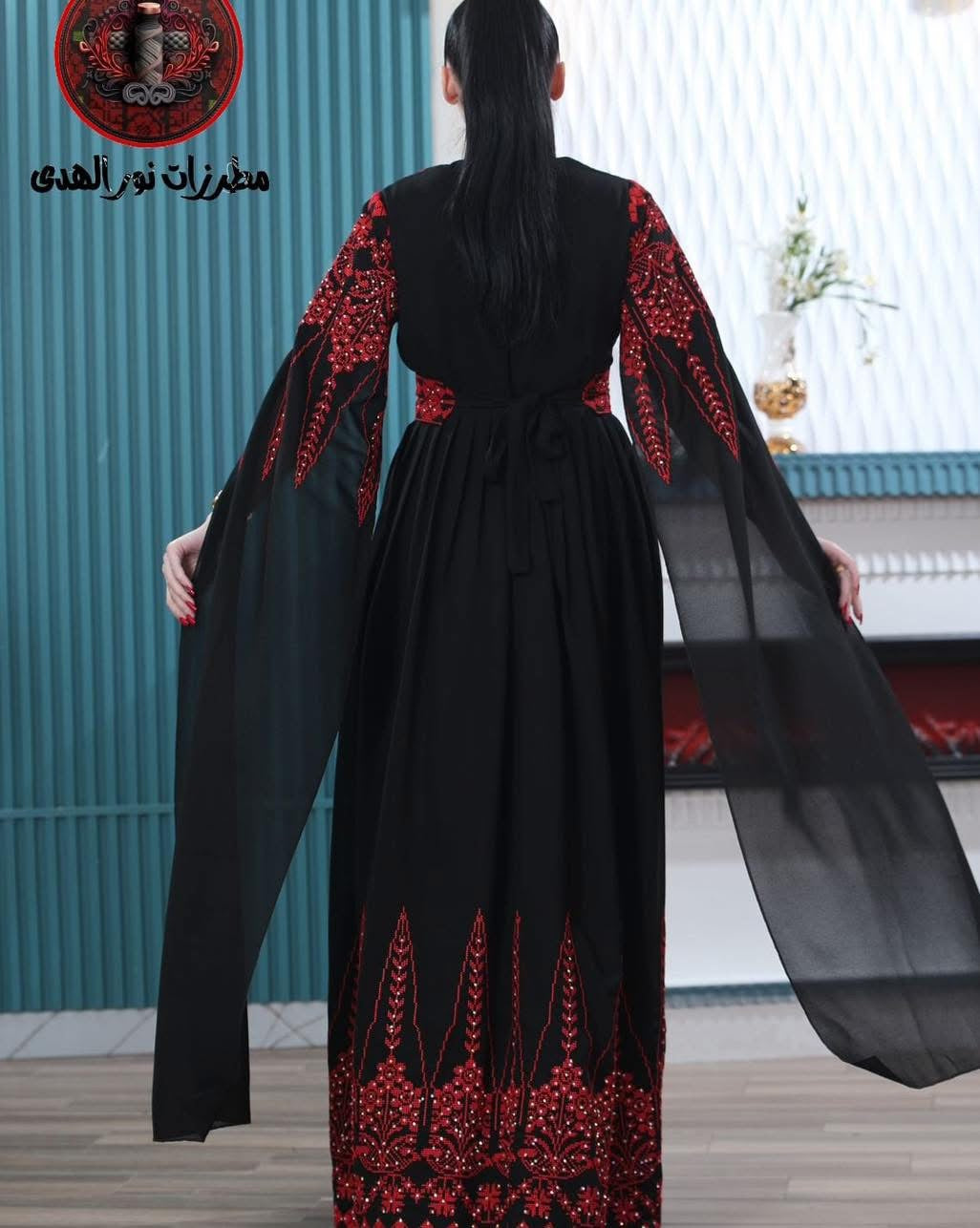 Oriental Embroidered Chiffon Thobe with Red Tatreez Details and Cape Sleeves | Sablet Al Hussam Embroidered Thobe