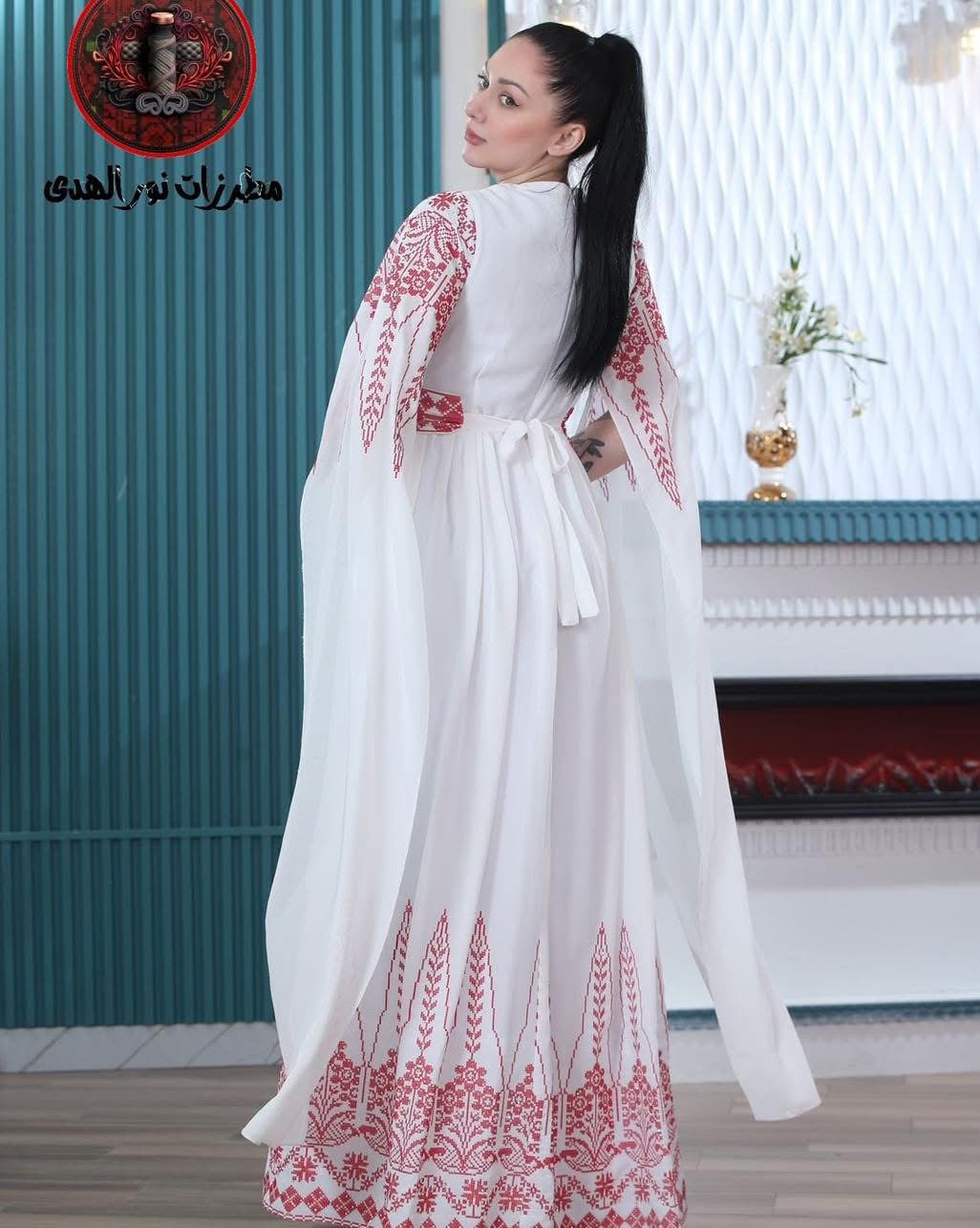 Oriental Embroidered Chiffon Thobe with Red Tatreez Details and Cape Sleeves | Sablet Al Hussam Embroidered Thobe