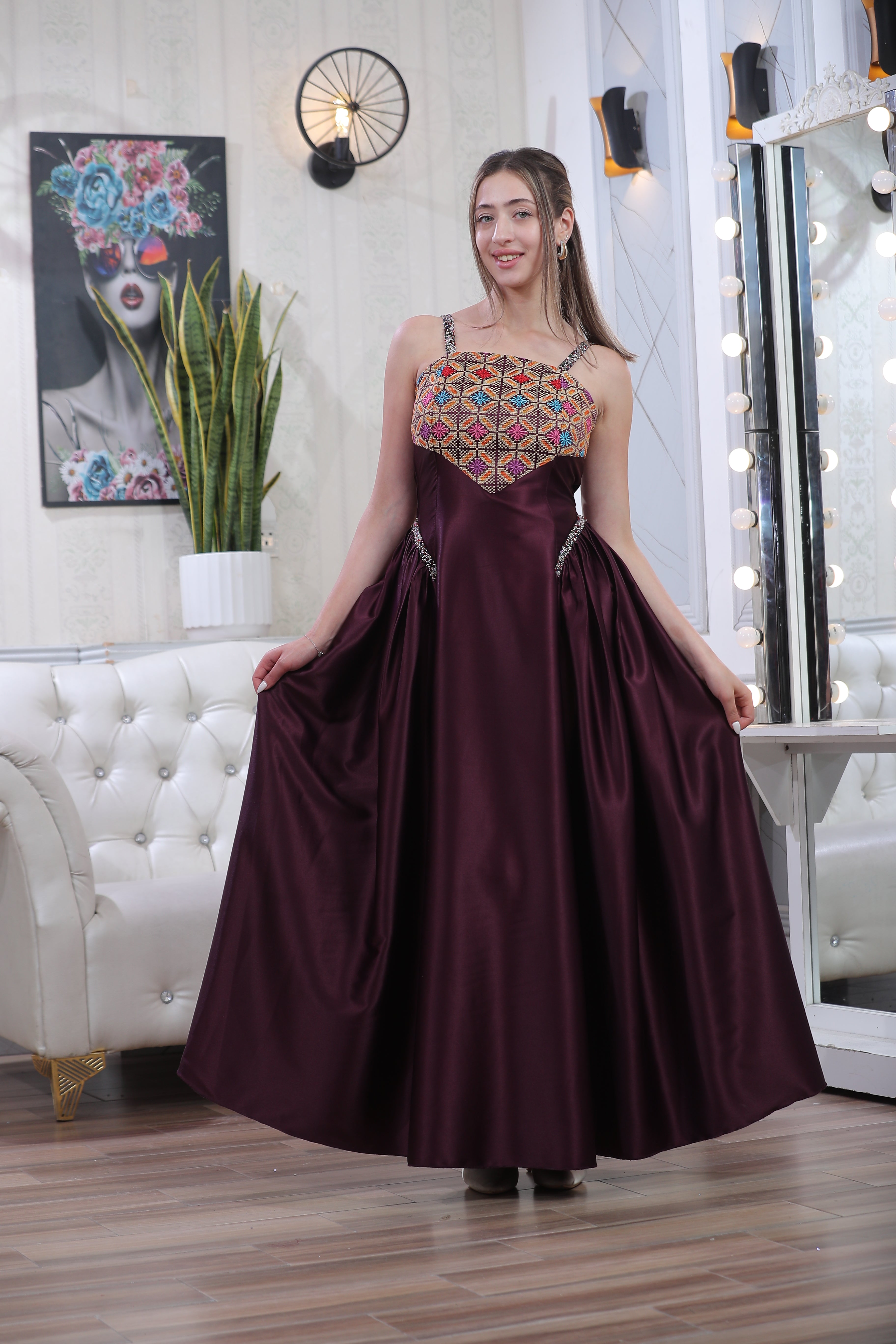 Sleeveless Satin Henna Party Dress with Levantine-Inspired Elegance | Luluat Al Qamar Dress
