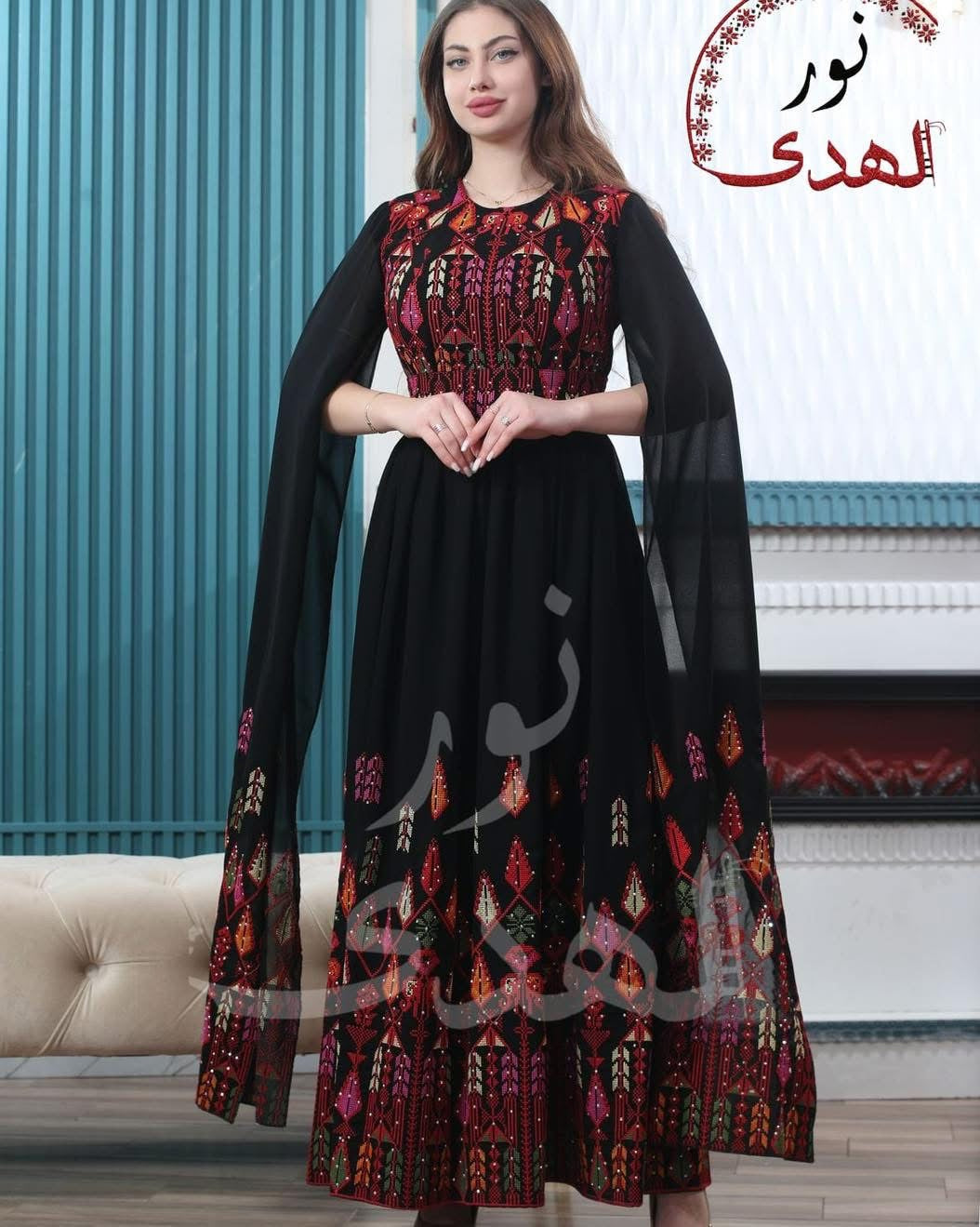 Oriental Embroidered Thobe with Levantine Tatreez Details and Cape Sleeves | Zahrat Al Hussam Embroidered Thobe