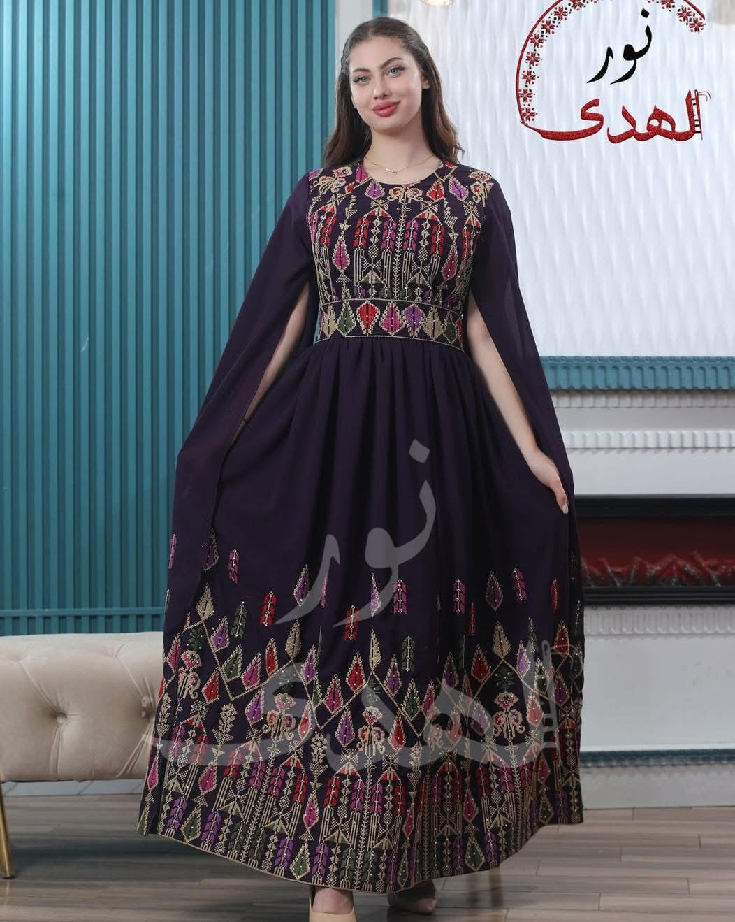 Oriental Embroidered Thobe with Levantine Tatreez Details and Cape Sleeves | Zahrat Al Hussam Embroidered Thobe