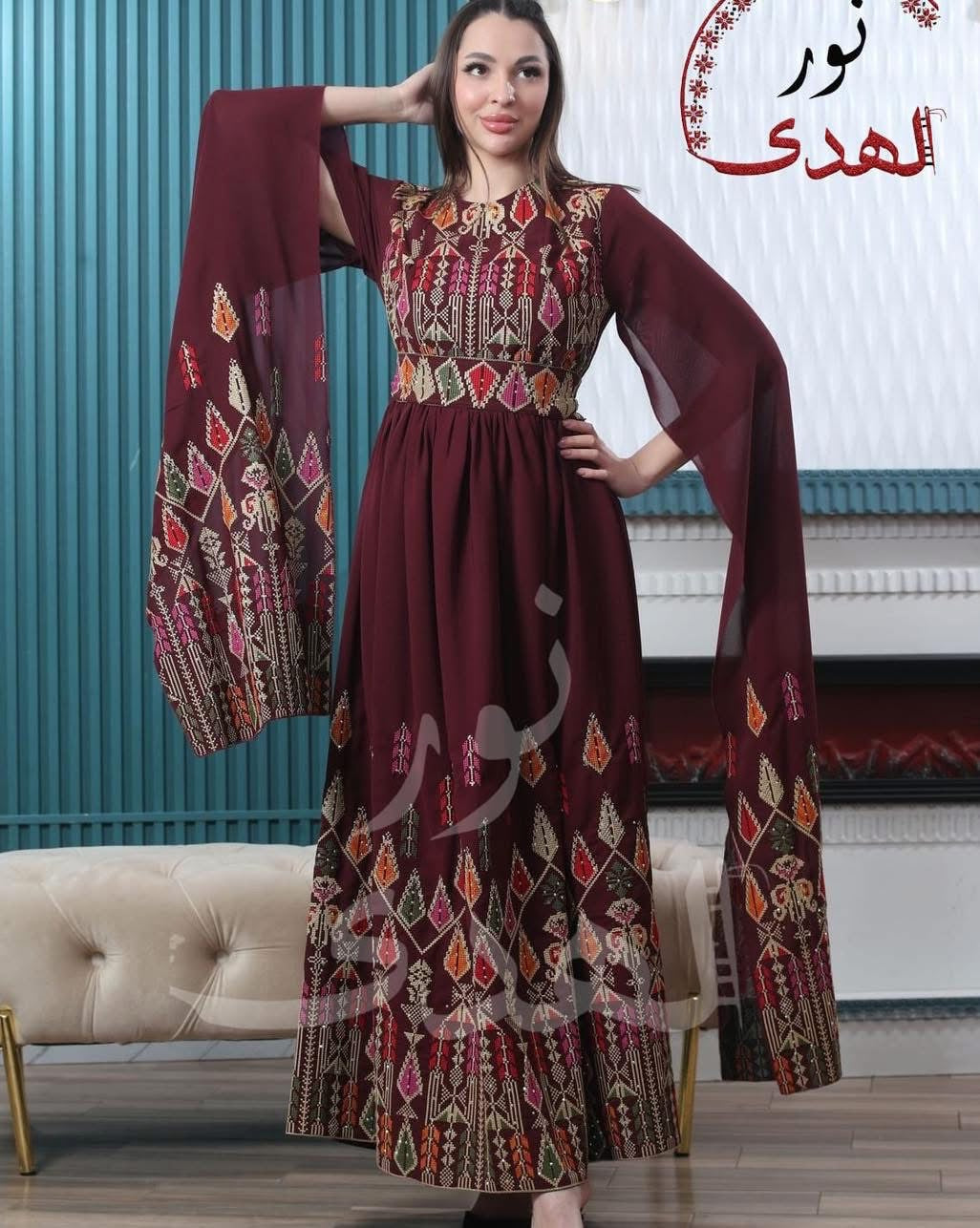 Oriental Embroidered Thobe with Levantine Tatreez Details and Cape Sleeves | Zahrat Al Hussam Embroidered Thobe
