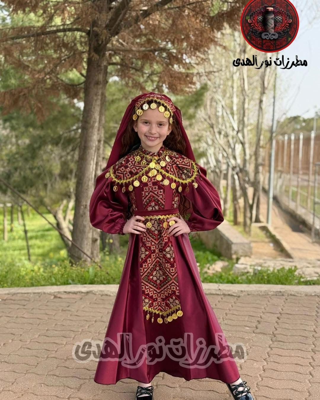Girls burgundy Palestinian embroidered henna dress with matching shawl, waist belt, and gold coin decoration