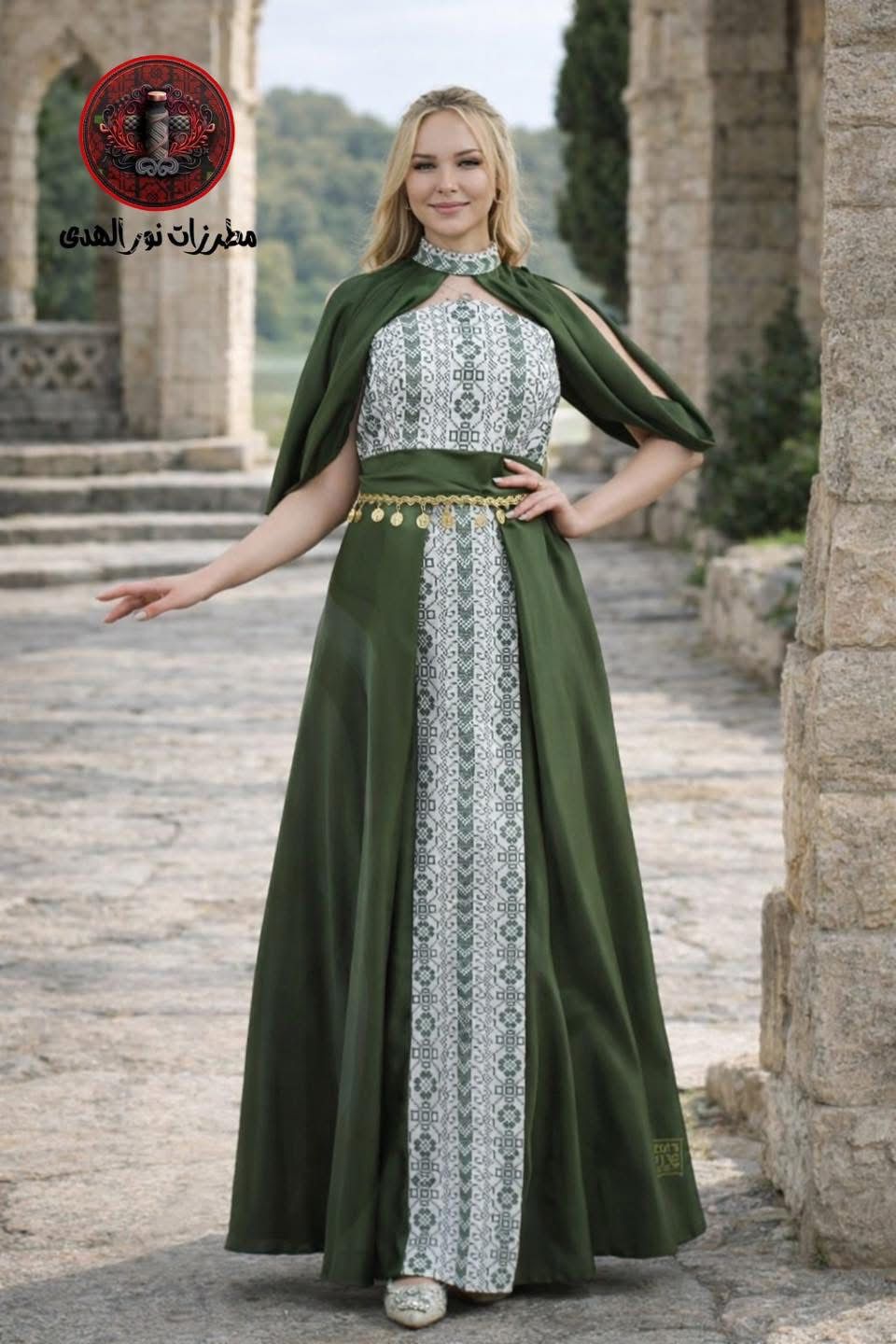 Olive green Palestinian Tatreez-inspired henna dress with cape sleeves and decorative gold coin details