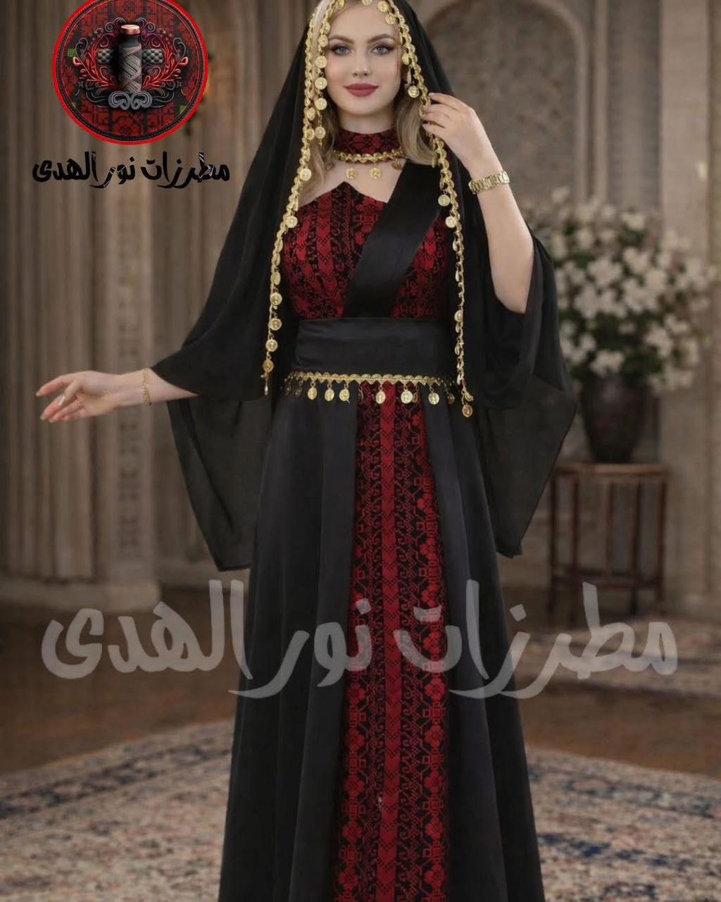 Black satin Palestinian embroidered henna dress with red Tatreez-inspired front panel, draped cover, and coin details