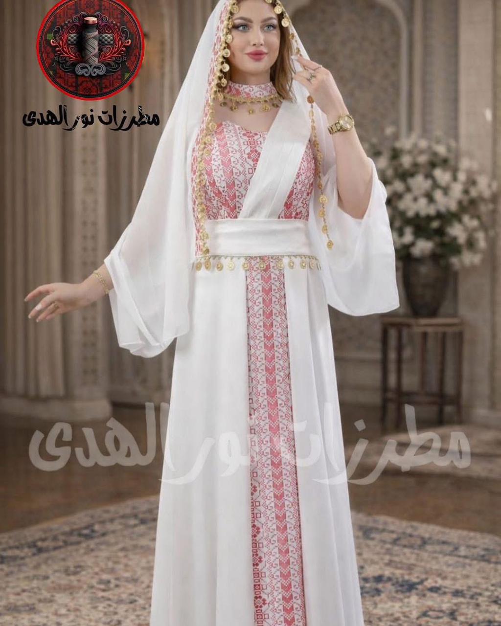 White satin Oriental embroidered henna dress with pink Tatreez-inspired panel, waist sash, and draped cover