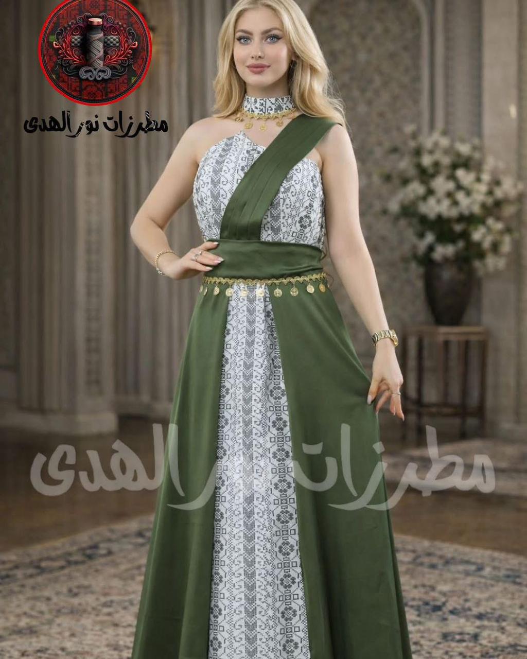 Olive green and white satin henna dress with grey Tatreez-inspired embroidery panel and gold coin details
