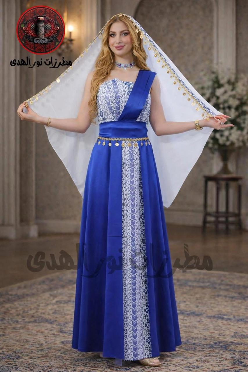 Indigo blue satin Oriental embroidered henna dress with white embroidered panel, waist sash, and coin details