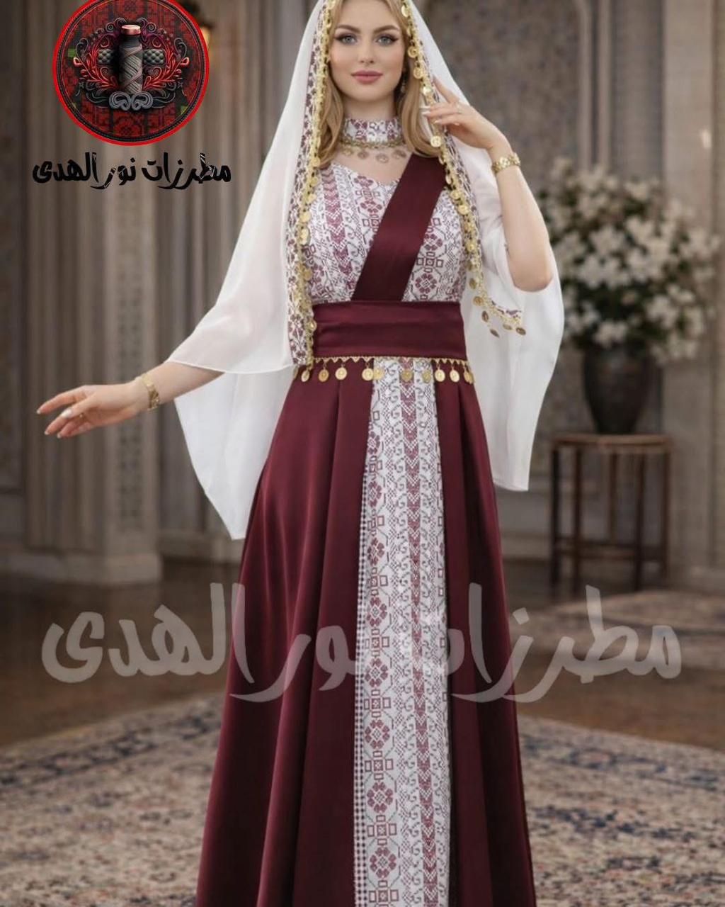 Burgundy and white satin embroidered henna dress with Tatreez-inspired panel, waist sash, and gold coin details