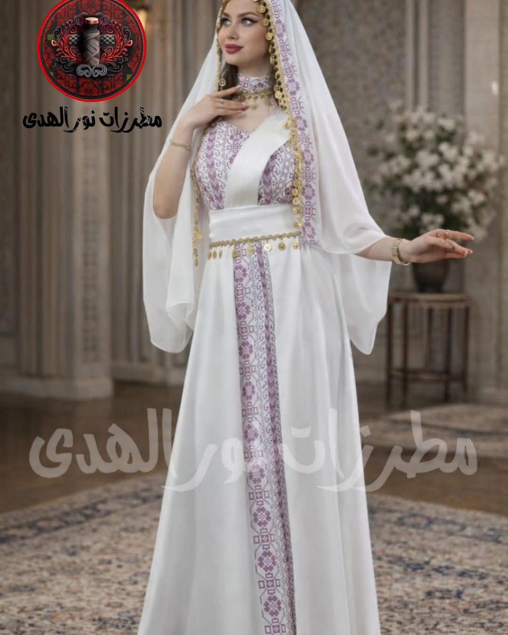 Mauve pink and white satin embroidered henna dress with Tatreez-inspired panel, draped cover, and coin accents