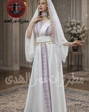 Mauve pink and white satin embroidered henna dress with Tatreez-inspired panel, draped cover, and coin accents
