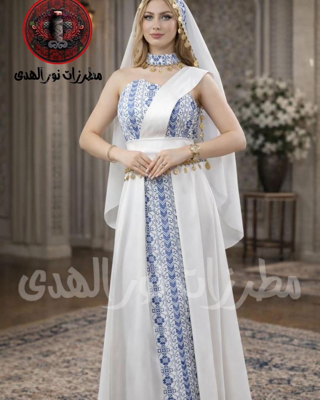White satin henna dress with blue Oriental embroidery-inspired front panel and gold coin waist details