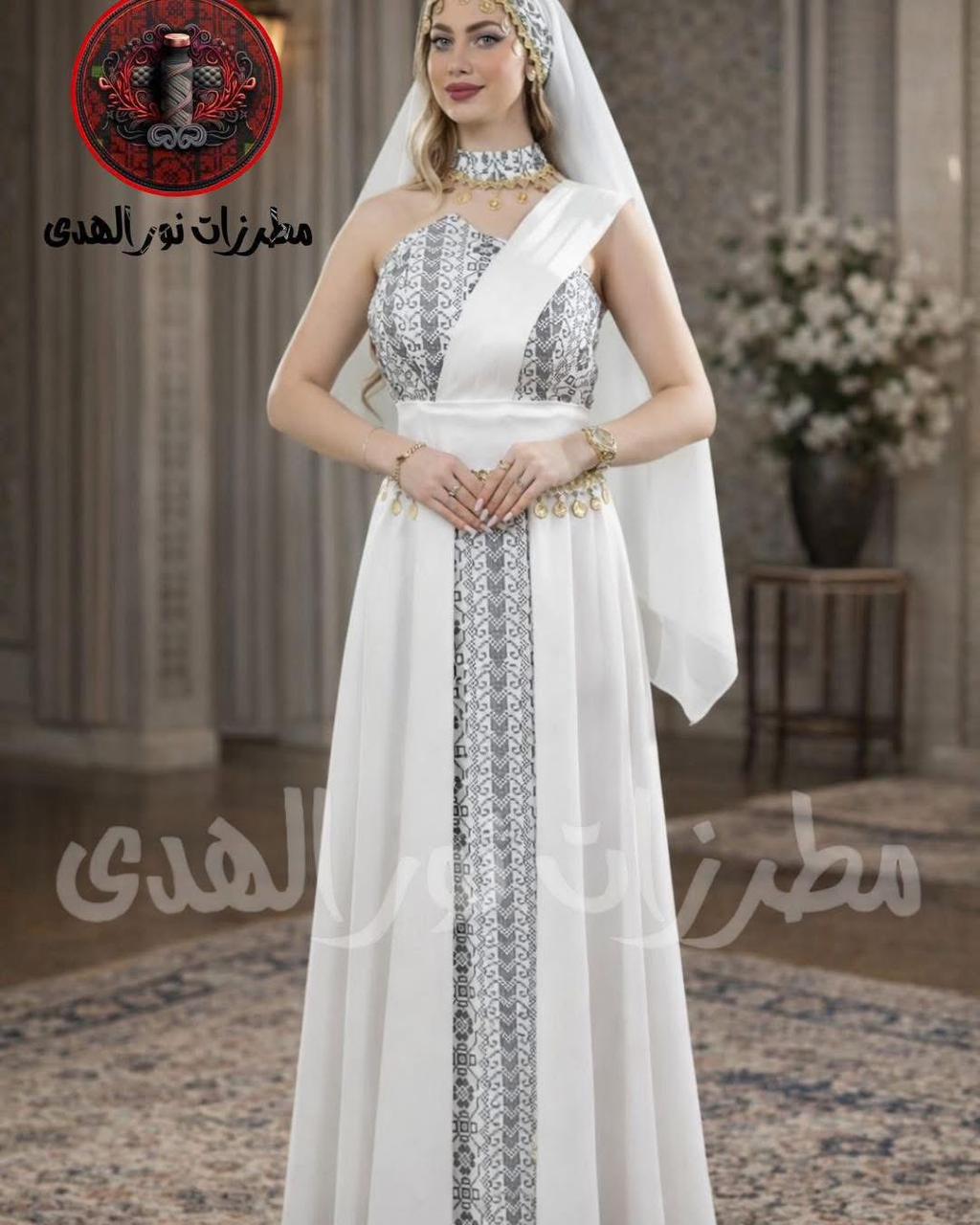 White satin embroidered henna dress with grey Tatreez-inspired panel, asymmetrical neckline, and draped cover