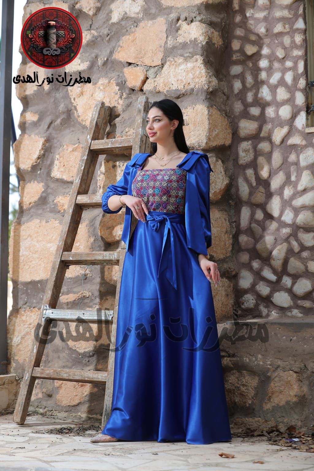 Indigo blue long satin embroidered henna dress with Oriental Tatreez-inspired bodice and elegant waist sash
