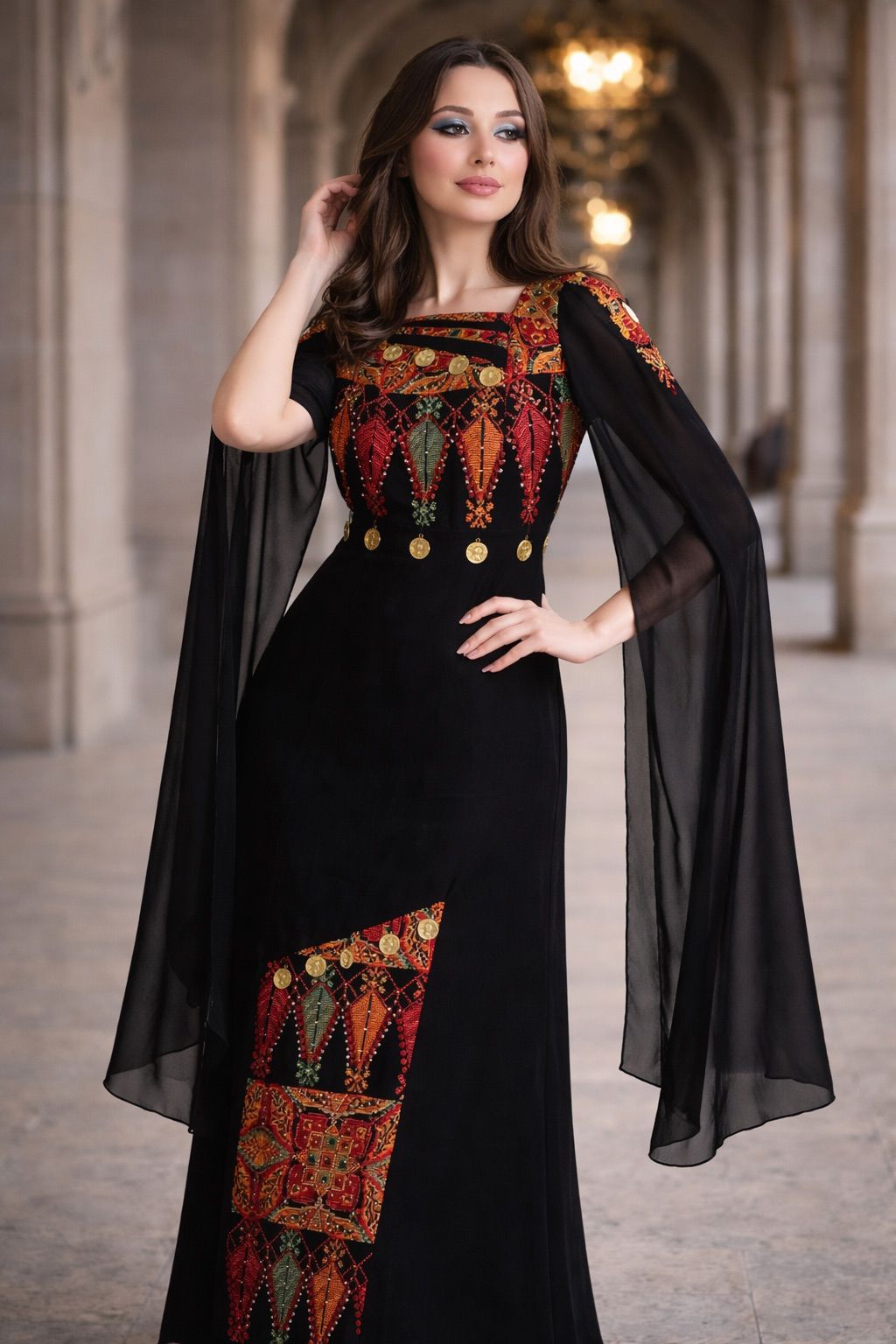 White chiffon lined Palestinian embroidered thobe with square neckline, gold coin details, and flowing cape-style sleeves, ثوب فلسطيني أبيض من الشيفون المبطن مع فتحة رقبة مربعة وتطريز ملون وتفاصيل عملات ذهبية وأكمام كاب منسدلة