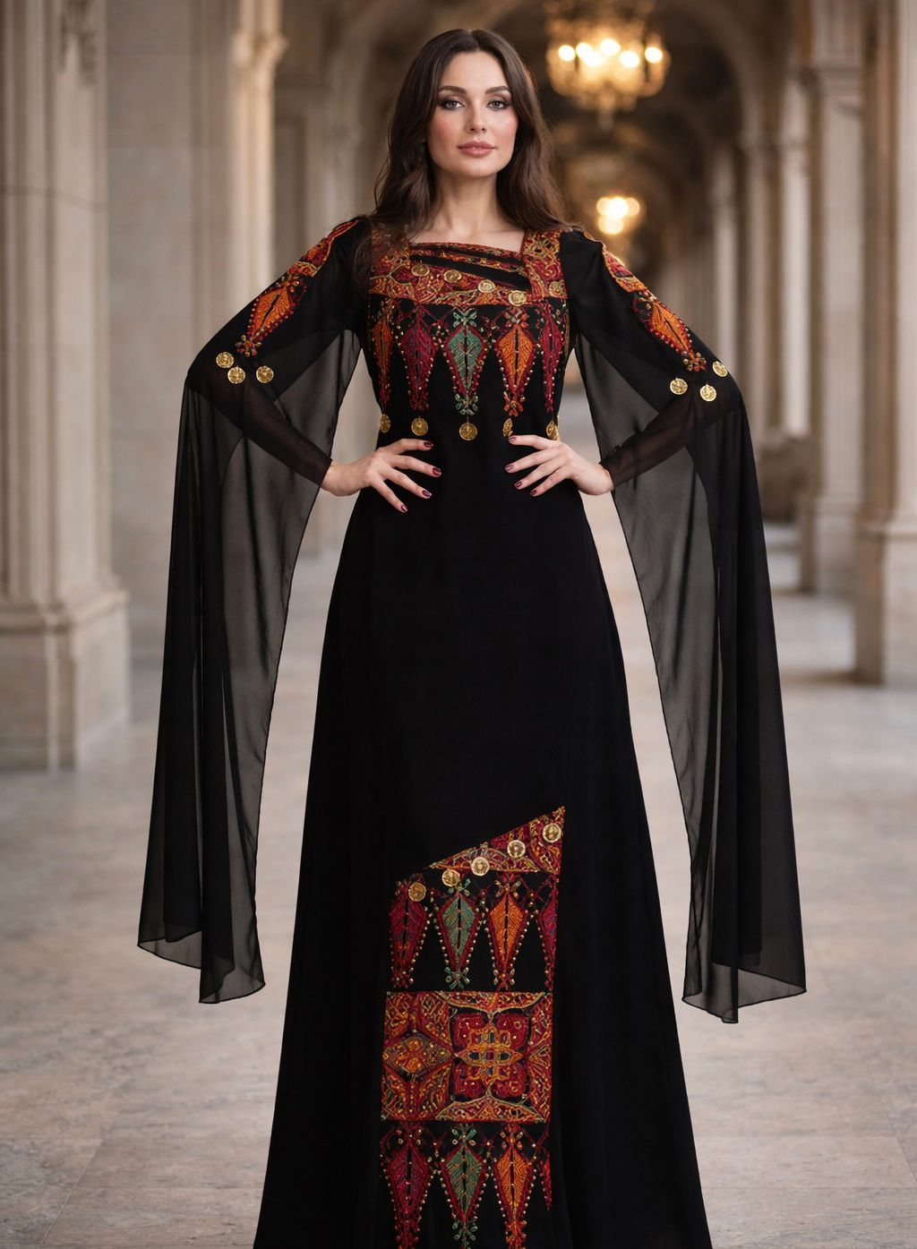 White chiffon lined Palestinian embroidered thobe with square neckline, gold coin details, and flowing cape-style sleeves, ثوب فلسطيني أبيض من الشيفون المبطن مع فتحة رقبة مربعة وتطريز ملون وتفاصيل عملات ذهبية وأكمام كاب منسدلة
