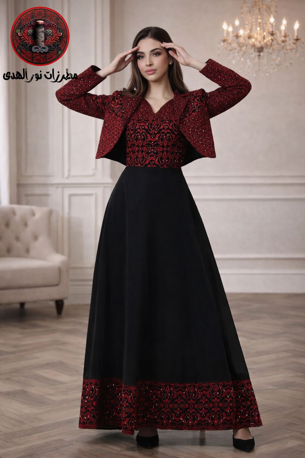 Black Sali embroidered Palestinian thobe with red embroidery, V neckline, long skirt, and matching jacket.