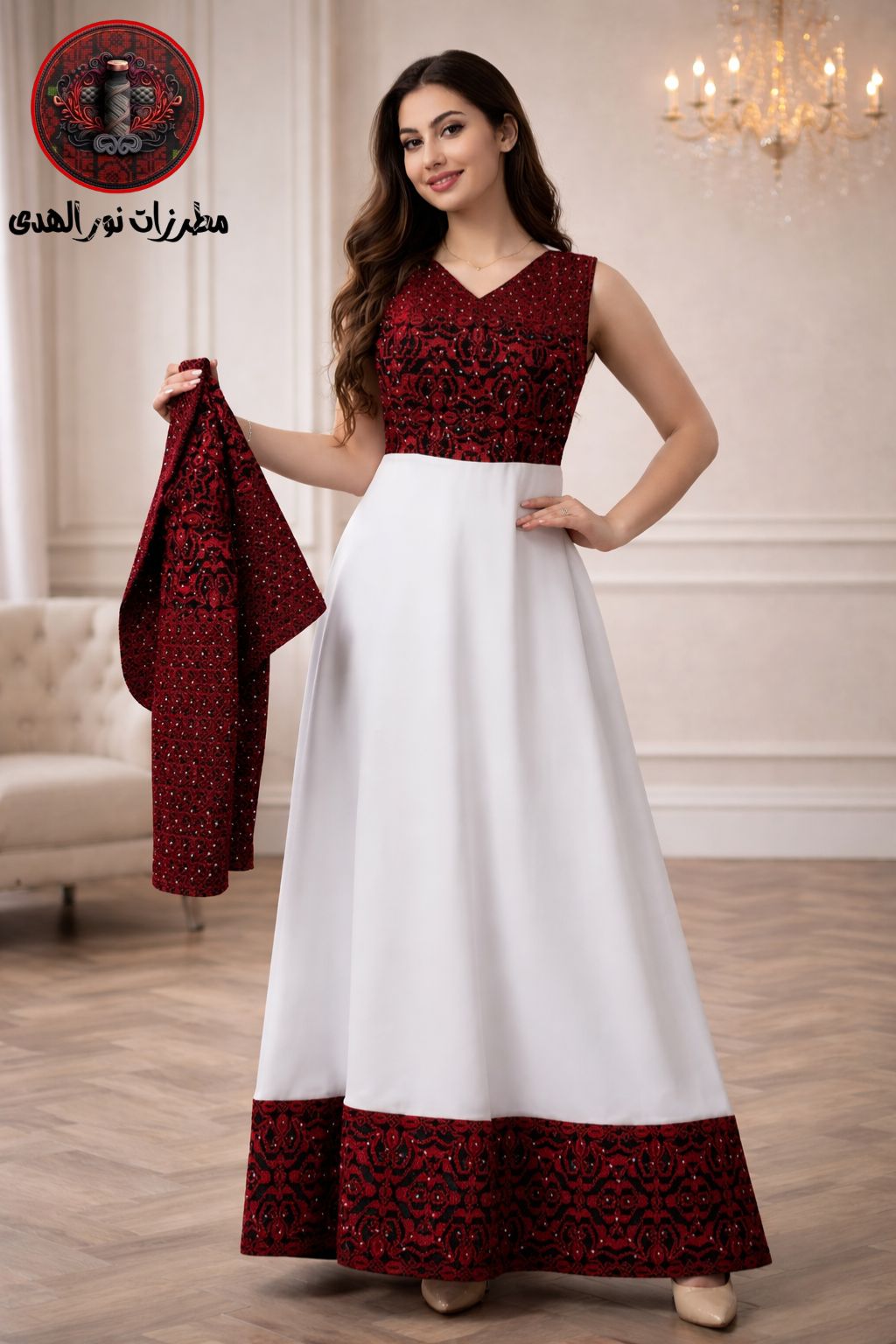 White Sali embroidered Palestinian thobe with red embroidered bodice, hem, V neckline, and matching jacket.